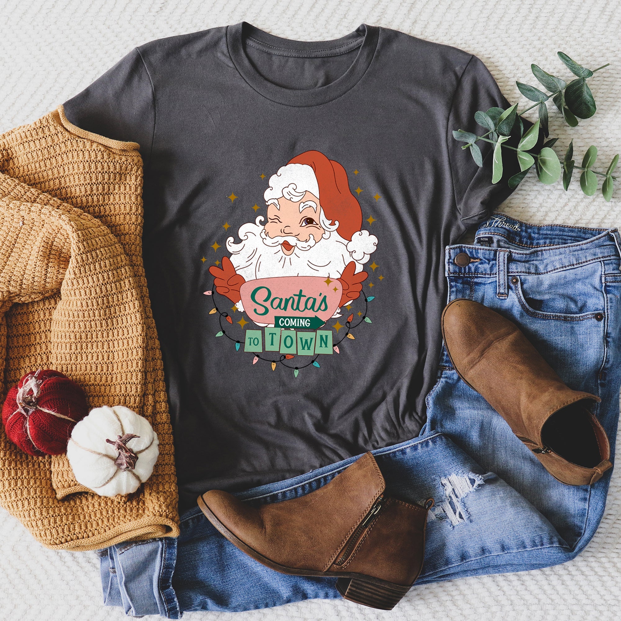 Santa Is Coming To Town Retro Christmas Graphic Tee