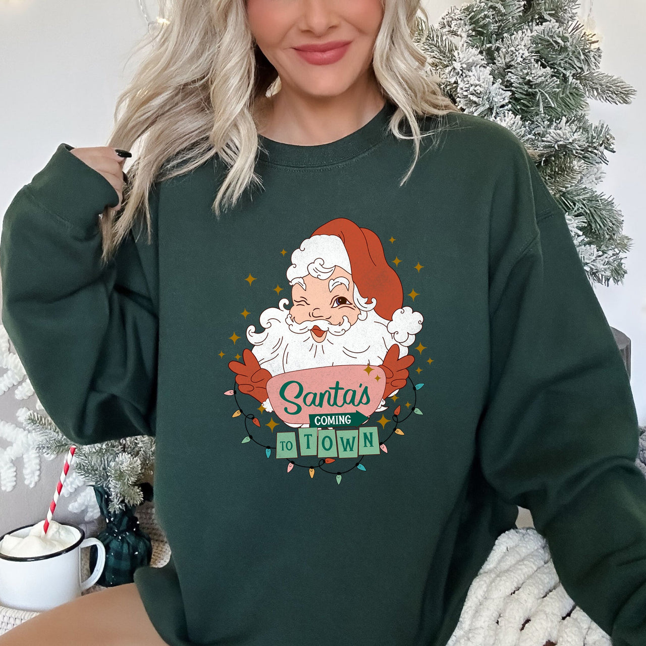 Santa Is Coming To Town Retro Christmas Nostalgic Graphic Festive Holiday Cheer Vintage Style Sweatshirt