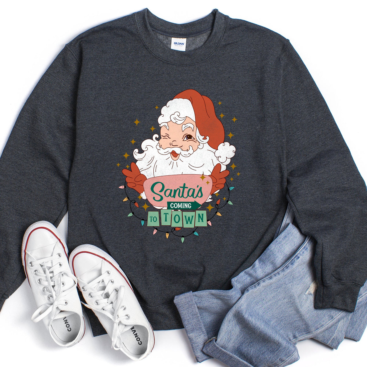 Santa Is Coming To Town Retro Christmas Nostalgic Graphic Festive Holiday Cheer Vintage Style Sweatshirt