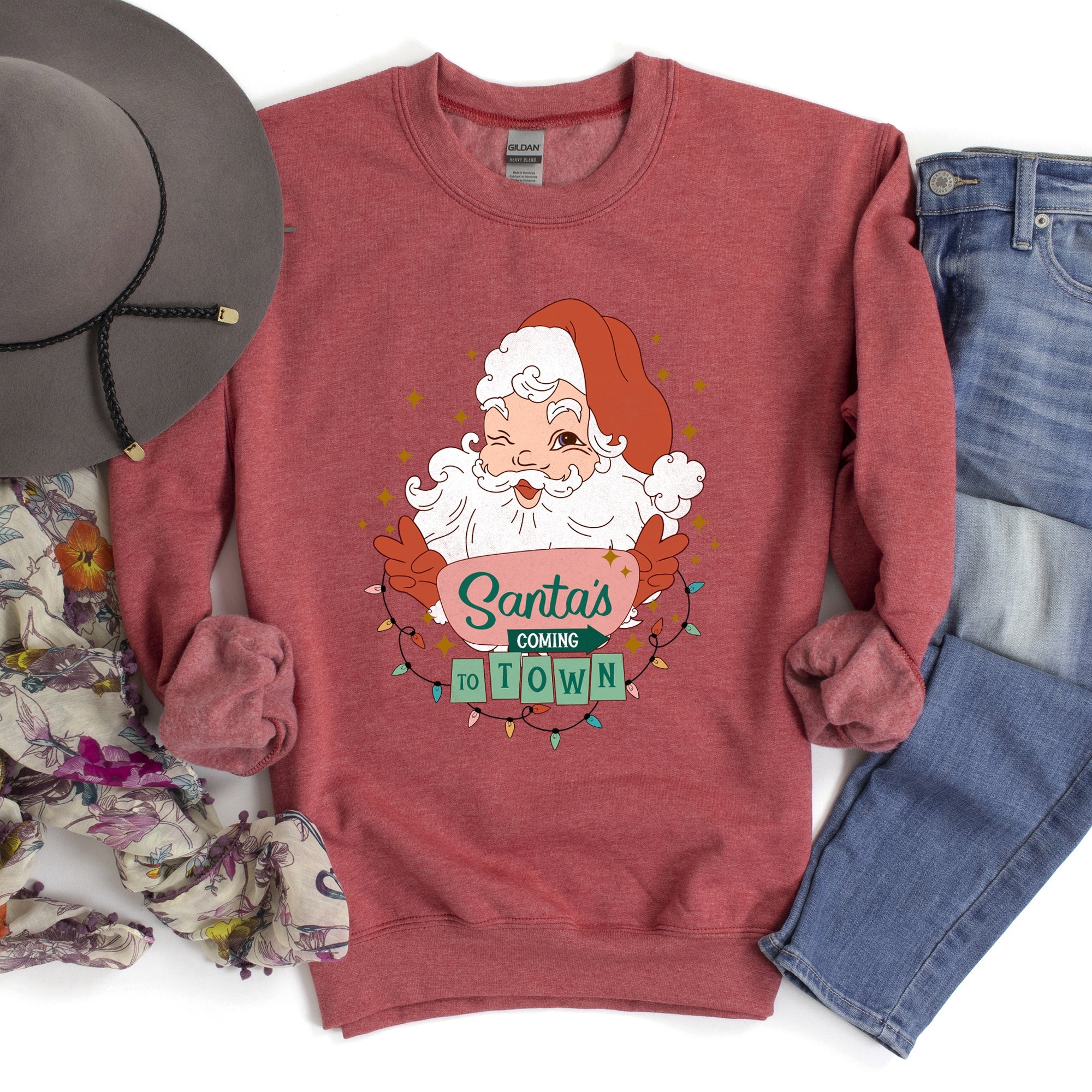 Santa Is Coming To Town Retro Christmas Nostalgic Graphic Festive Holiday Cheer Vintage Style Sweatshirt