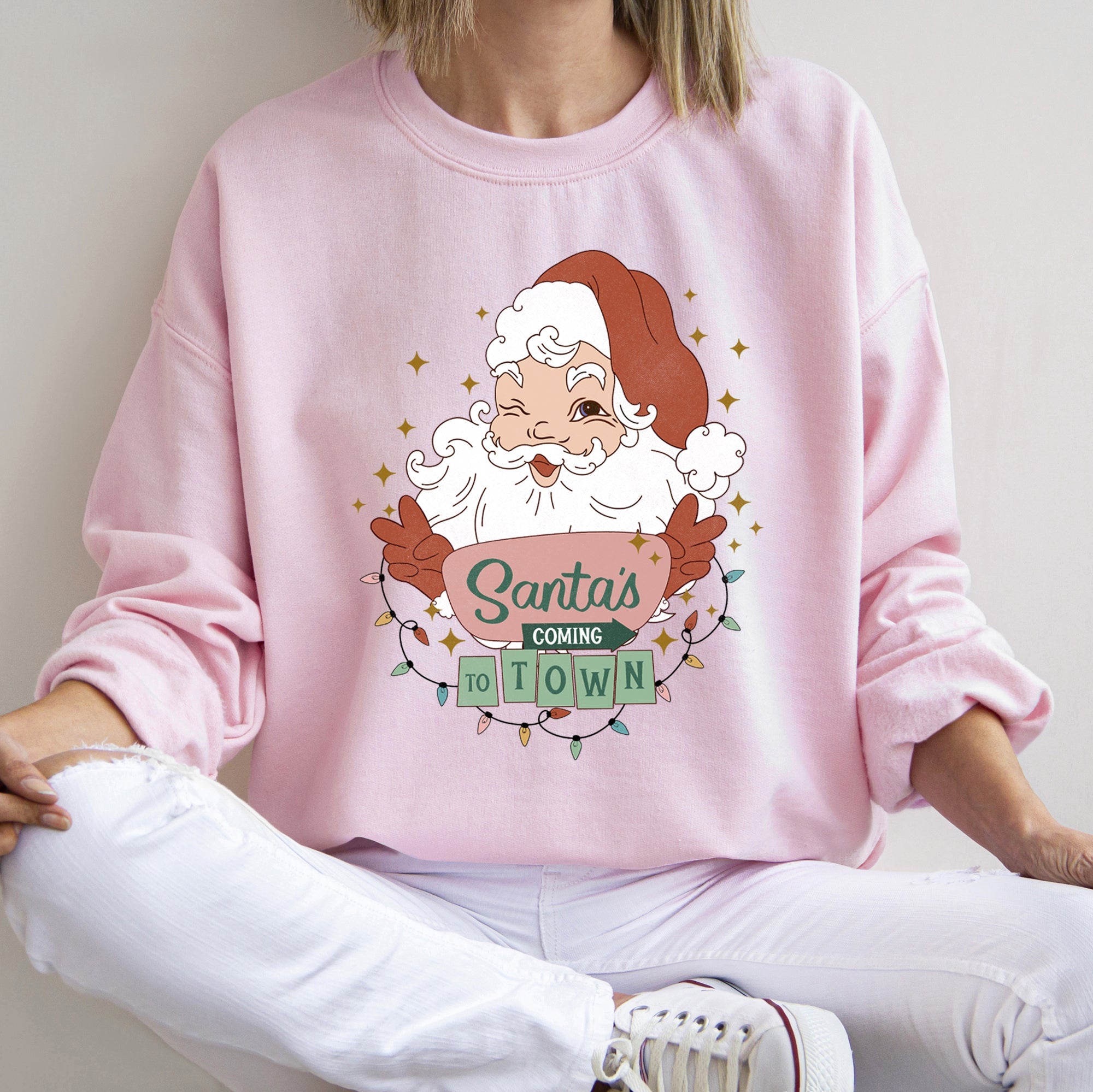 Santa Is Coming To Town Retro Christmas Nostalgic Graphic Festive Holiday Cheer Vintage Style Sweatshirt