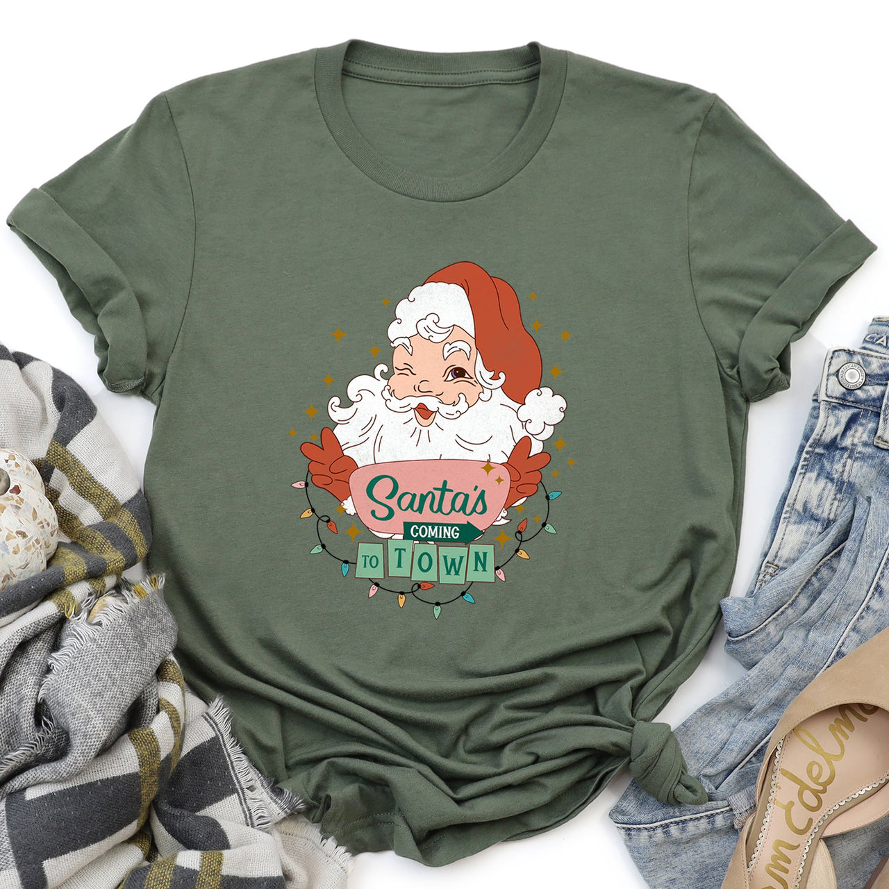 Santa Is Coming To Town Retro Christmas Graphic Tee
