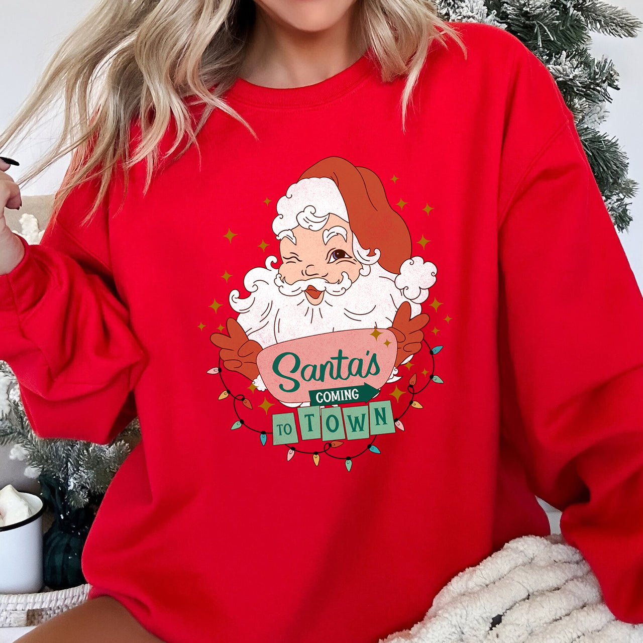 Santa Is Coming To Town Retro Christmas Nostalgic Graphic Festive Holiday Cheer Vintage Style Sweatshirt