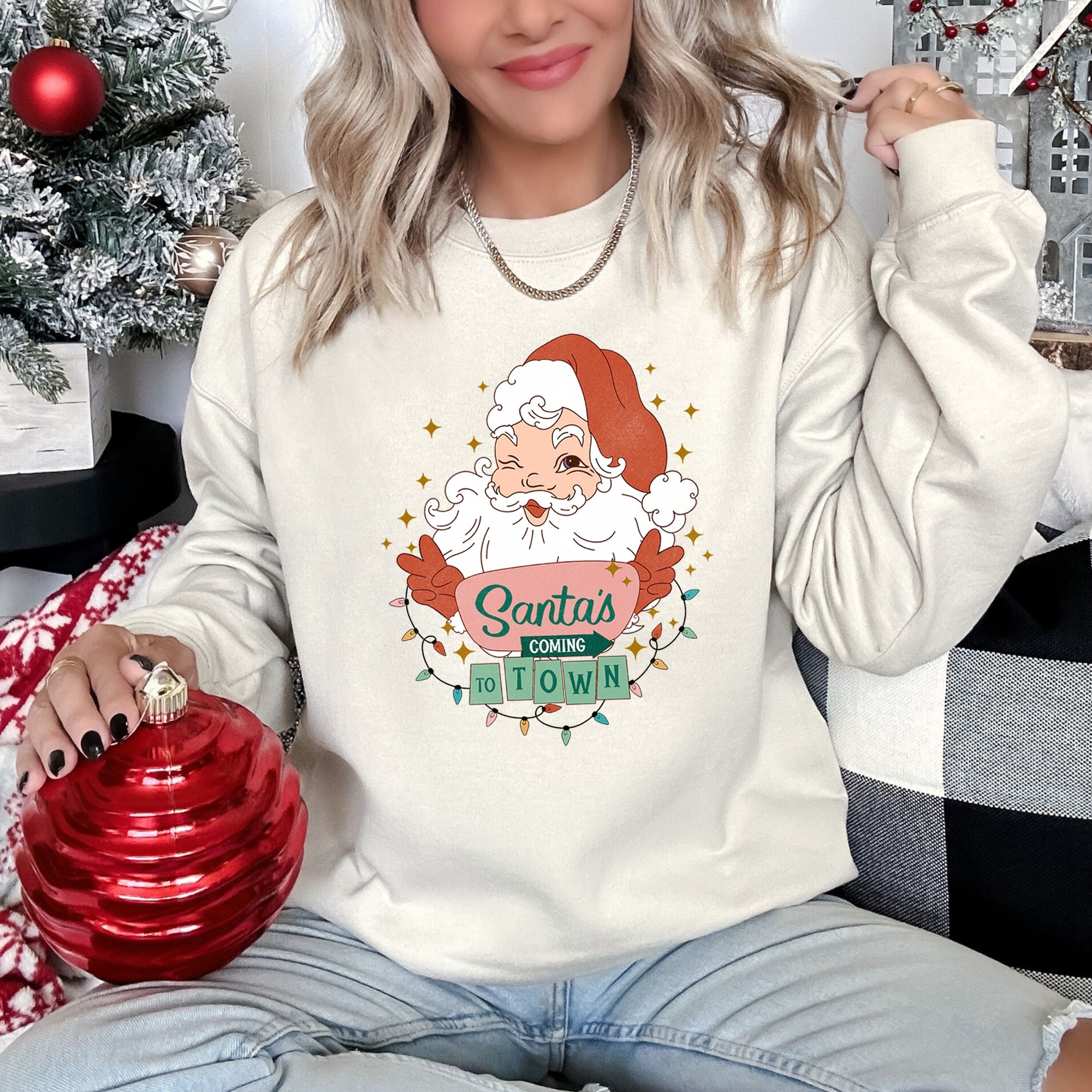 Santa Is Coming To Town Retro Christmas Nostalgic Graphic Festive Holiday Cheer Vintage Style Sweatshirt