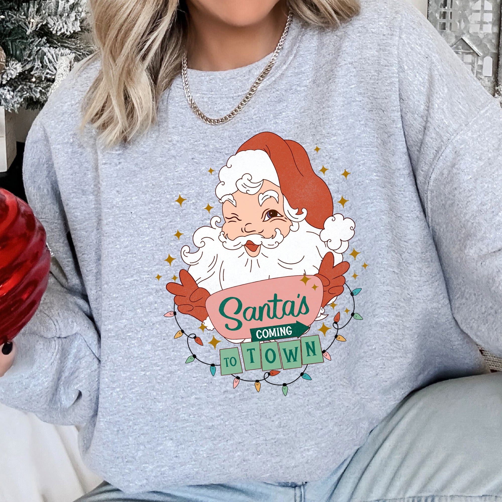 Santa Is Coming To Town Retro Christmas Nostalgic Graphic Festive Holiday Cheer Vintage Style Sweatshirt