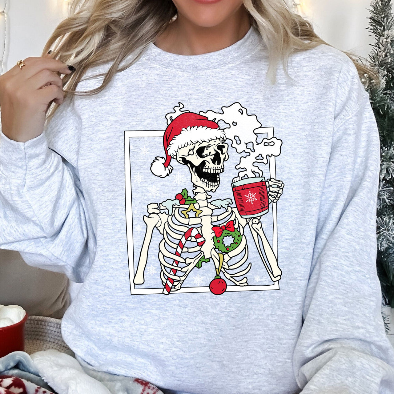 Santa Skeleton Coffee Retro Christmas Cozy Holiday Vintage Cartoon Festive Sweatshirt