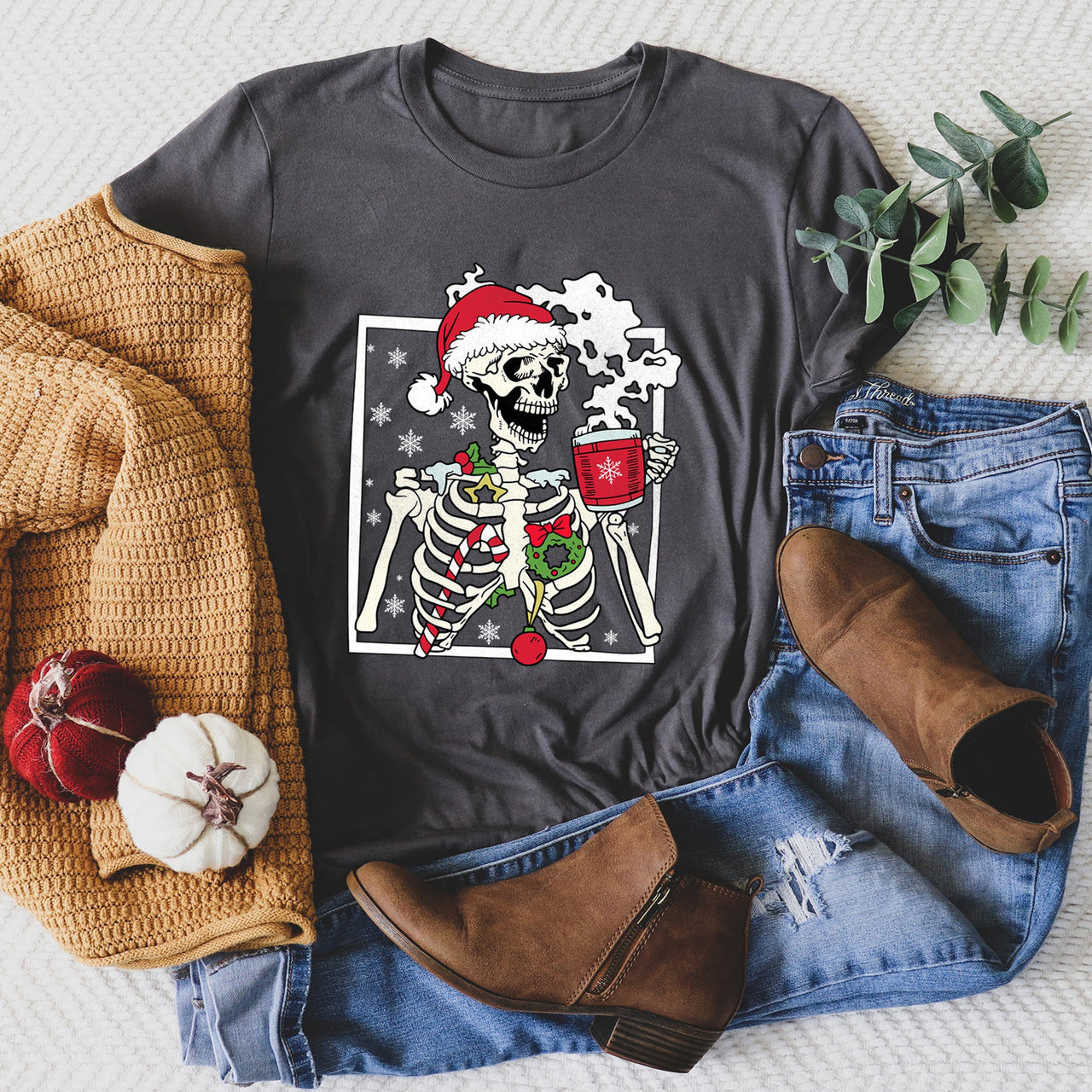 Santa Skeleton Coffee Retro Christmas Holiday Poster Artwork Vintage Style Graphic Tee