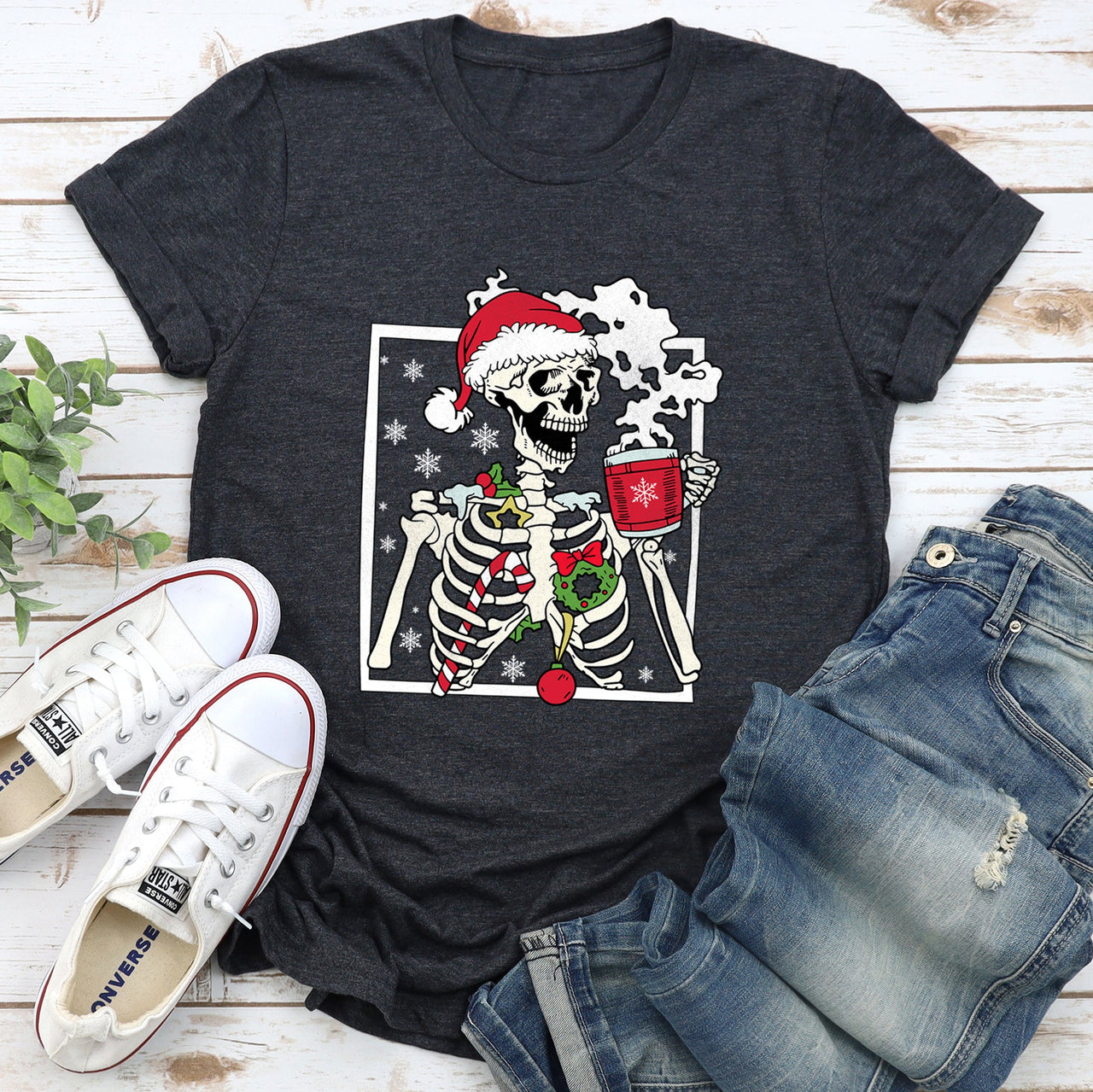 Santa Skeleton Coffee Retro Christmas Holiday Poster Artwork Vintage Style Graphic Tee