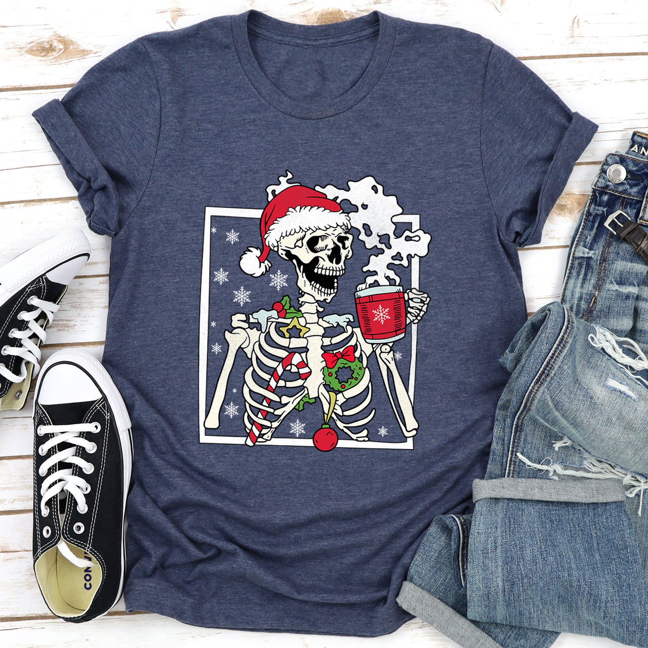 Santa Skeleton Coffee Retro Christmas Holiday Poster Artwork Vintage Style Graphic Tee