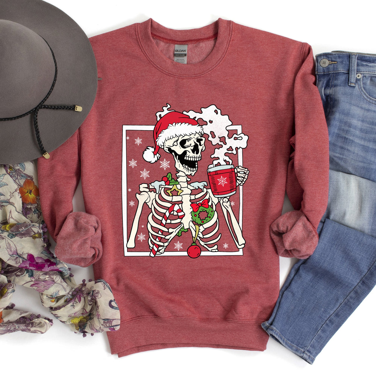 Santa Skeleton Coffee Retro Christmas Cozy Holiday Vintage Cartoon Festive Sweatshirt