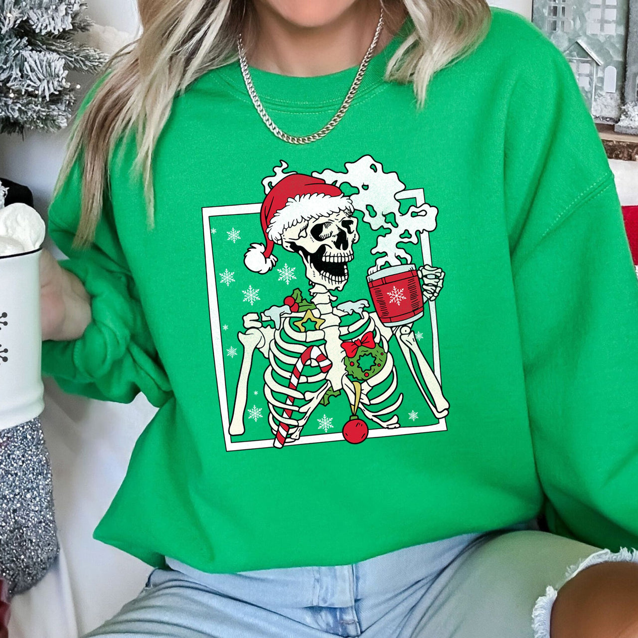 Santa Skeleton Coffee Retro Christmas Cozy Holiday Vintage Cartoon Festive Sweatshirt