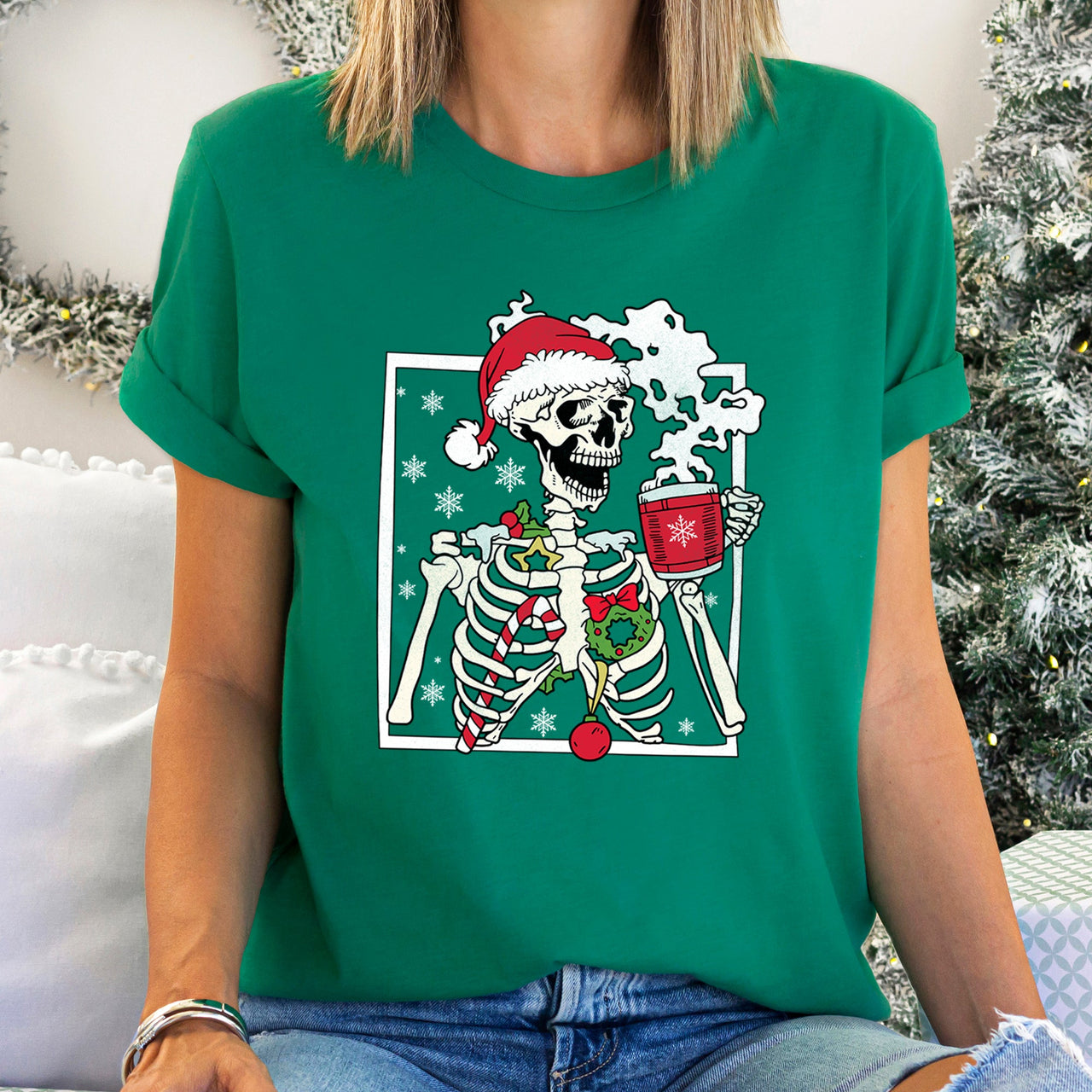 Santa Skeleton Coffee Retro Christmas Holiday Poster Artwork Vintage Style Graphic Tee
