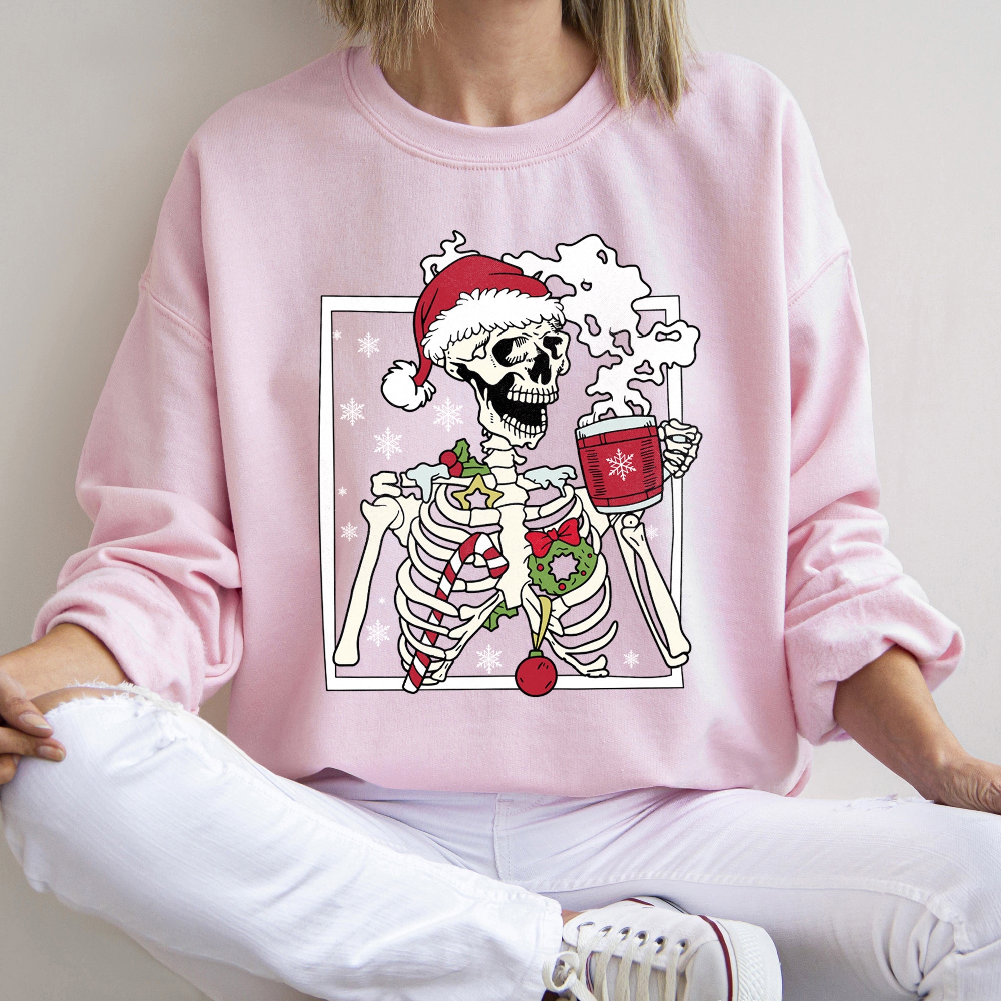 Santa Skeleton Coffee Retro Christmas Cozy Holiday Vintage Cartoon Festive Sweatshirt