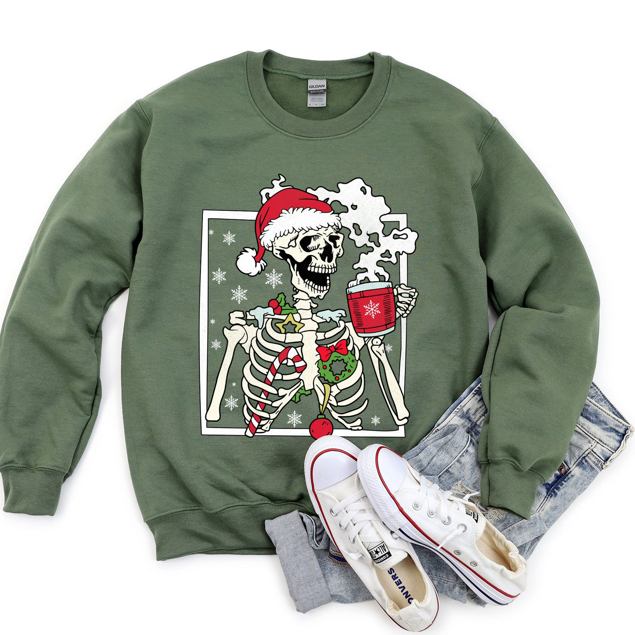 Santa Skeleton Coffee Retro Christmas Cozy Holiday Vintage Cartoon Festive Sweatshirt