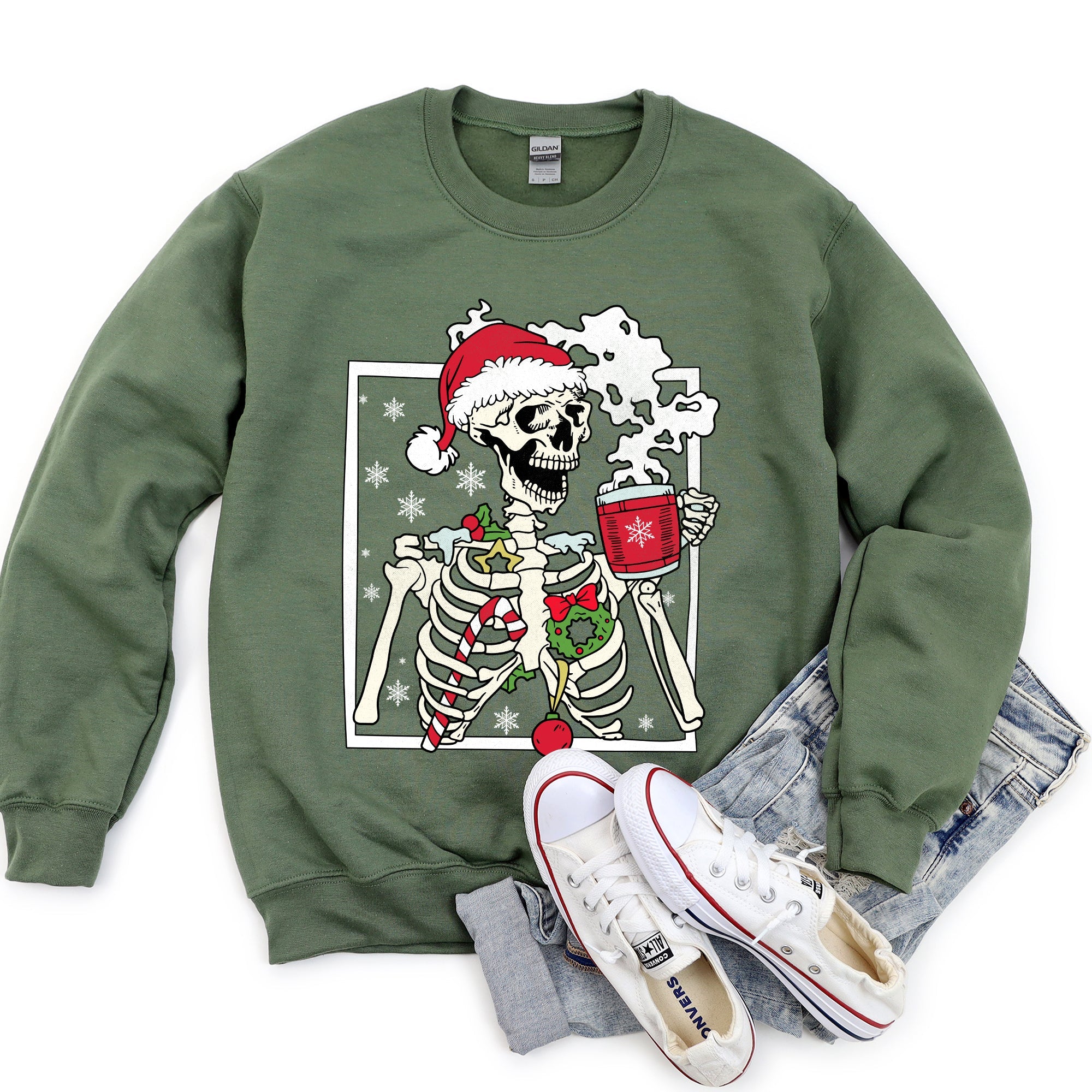 Santa Skeleton Coffee Retro Christmas Cozy Holiday Vintage Cartoon Festive Sweatshirt