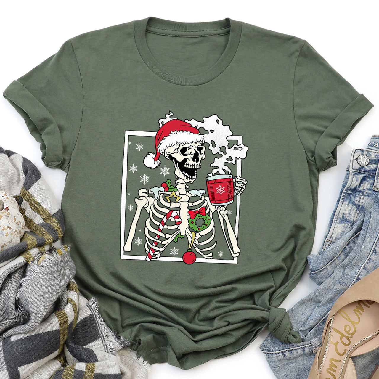 Santa Skeleton Coffee Retro Christmas Holiday Poster Artwork Vintage Style Graphic Tee