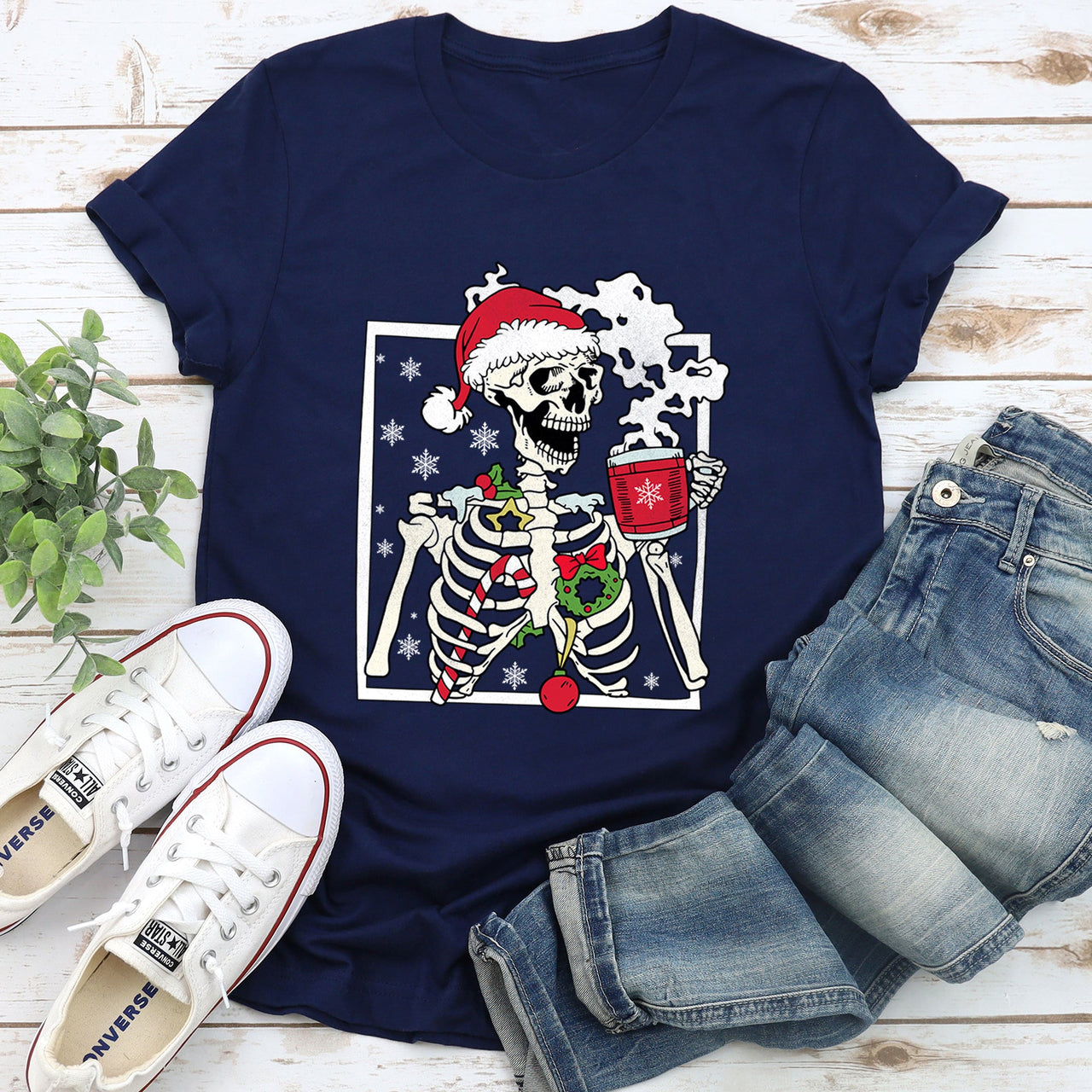 Santa Skeleton Coffee Retro Christmas Holiday Poster Artwork Vintage Style Graphic Tee