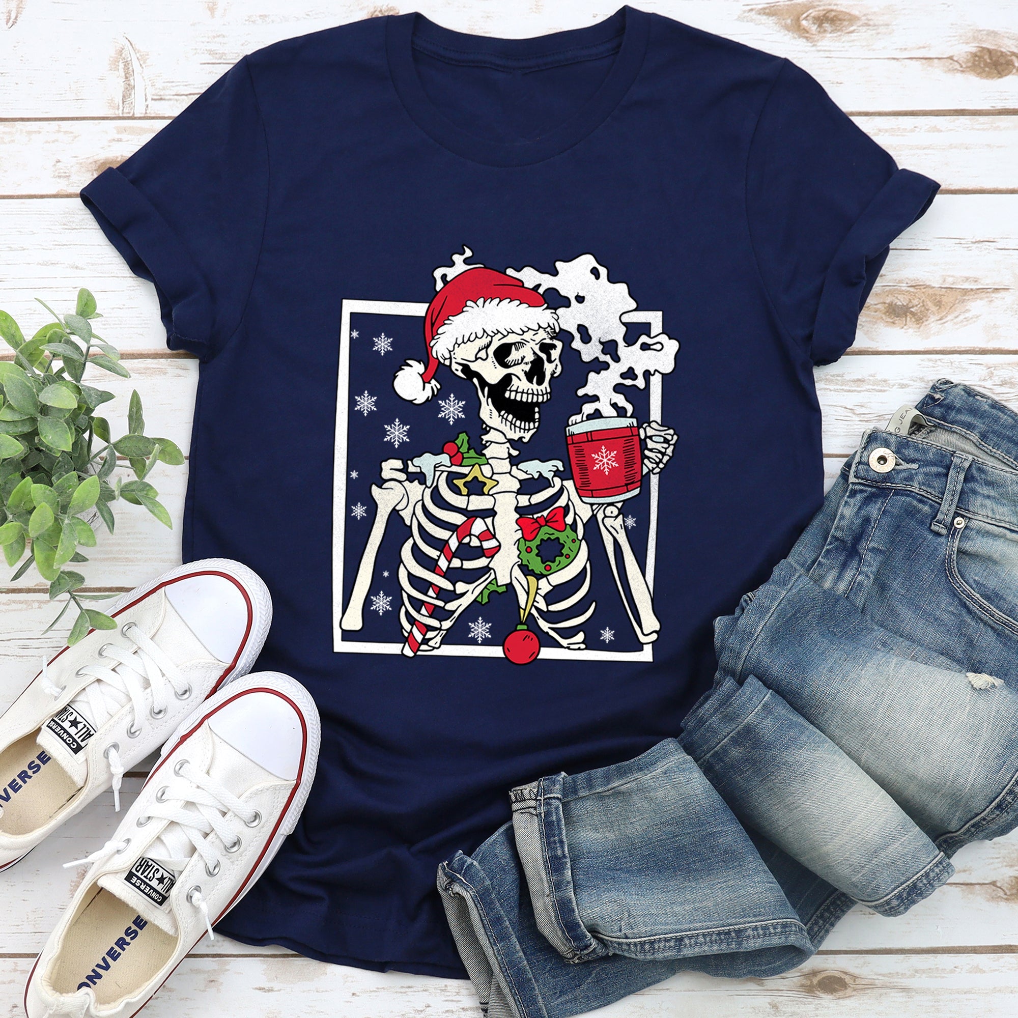 Santa Skeleton Coffee Retro Christmas Holiday Poster Artwork Vintage Style Graphic Tee