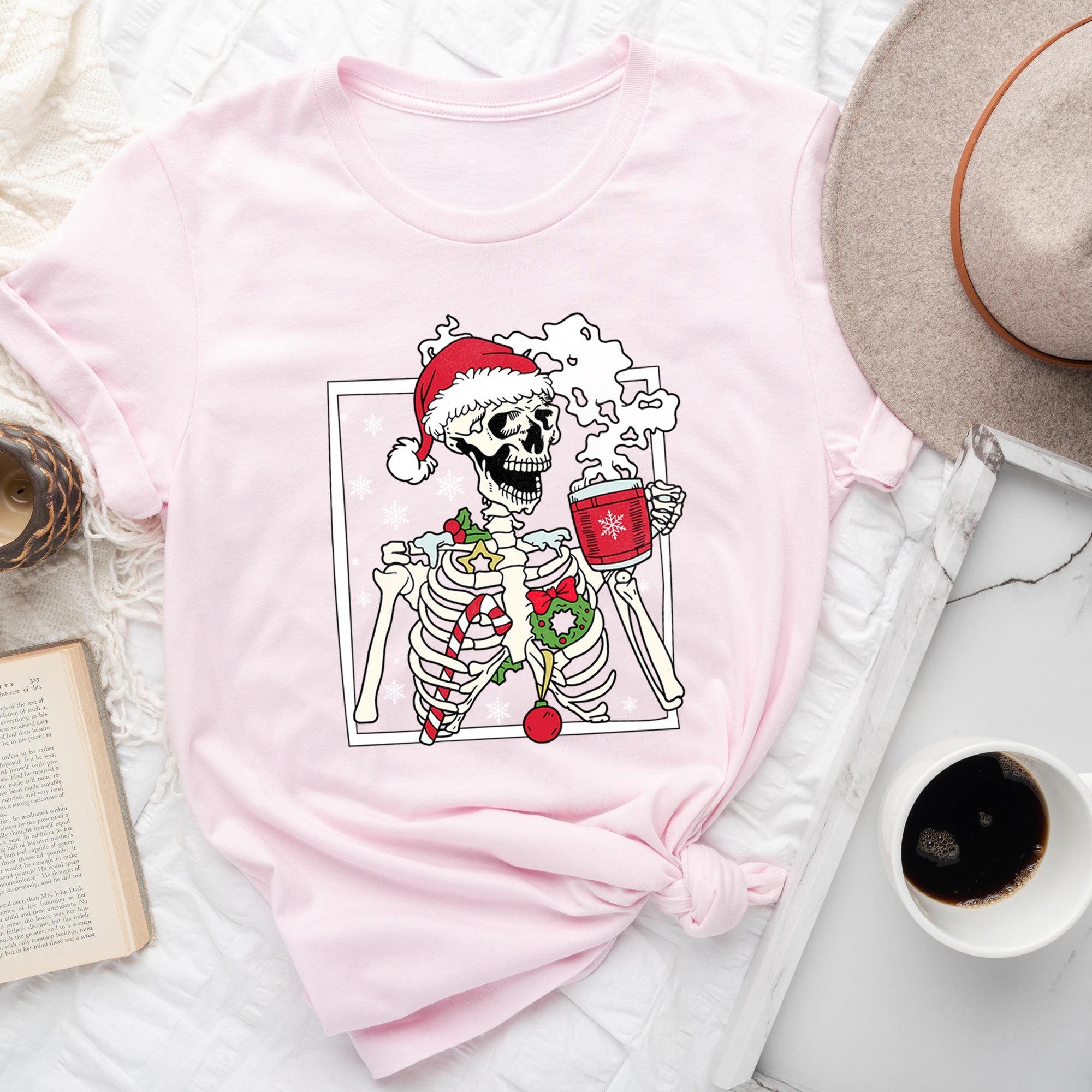 Santa Skeleton Coffee Retro Christmas Holiday Poster Artwork Vintage Style Graphic Tee