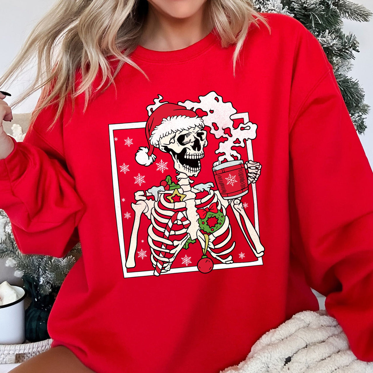Santa Skeleton Coffee Retro Christmas Cozy Holiday Vintage Cartoon Festive Sweatshirt