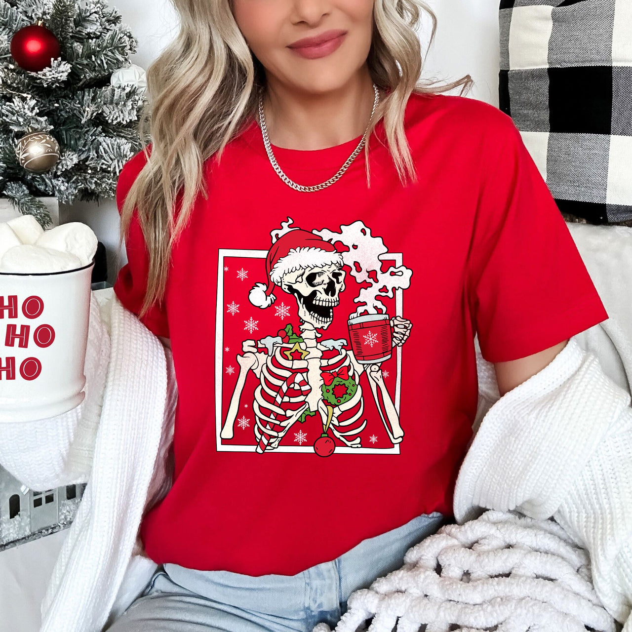 Santa Skeleton Coffee Retro Christmas Holiday Poster Artwork Vintage Style Graphic Tee
