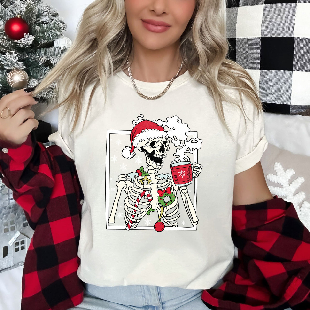 Santa Skeleton Coffee Retro Christmas Holiday Poster Artwork Vintage Style Graphic Tee