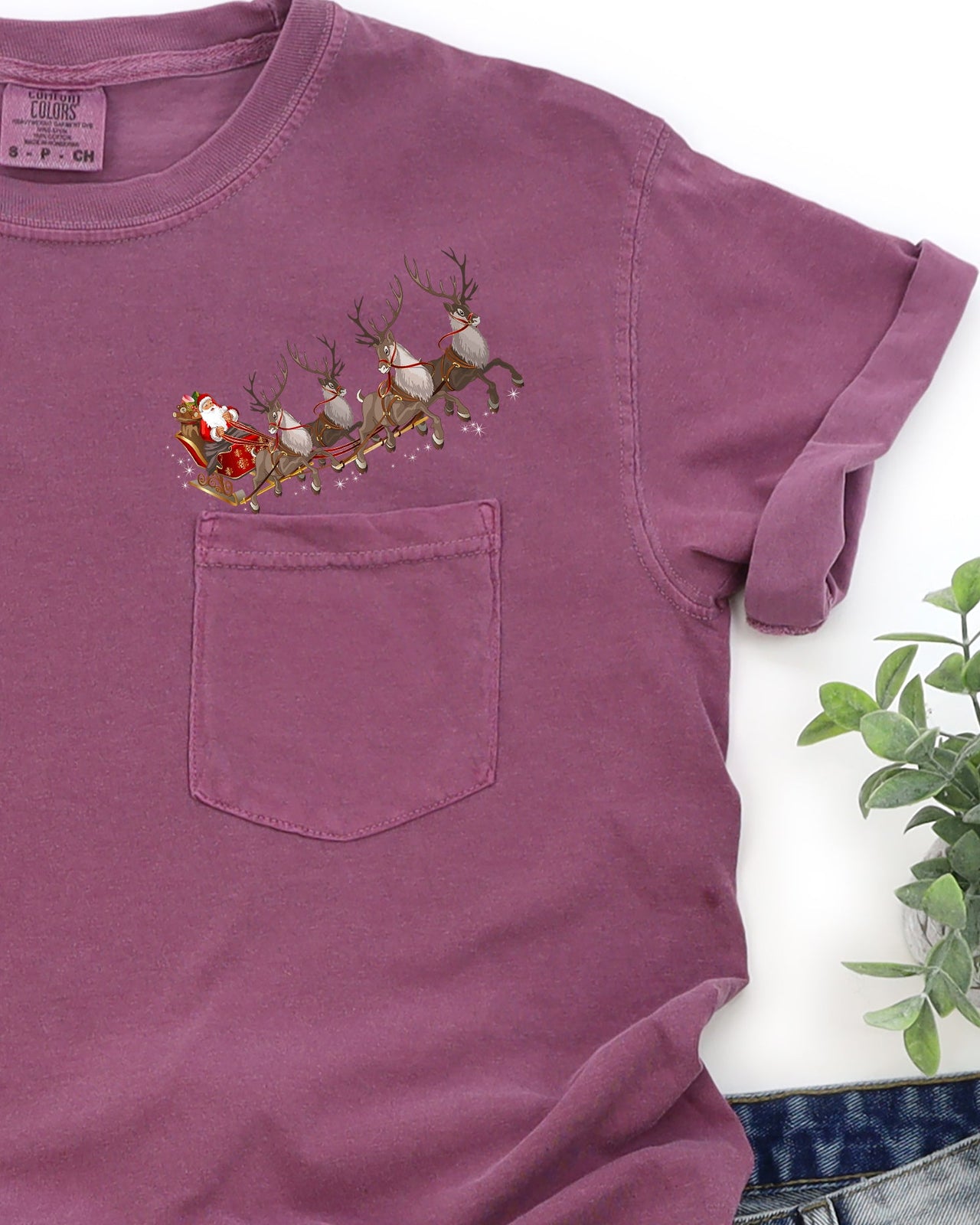 Santa Sleigh Reindeer Christmas Snow Winter Xmas Pocket Holiday Comfort Colors Tee