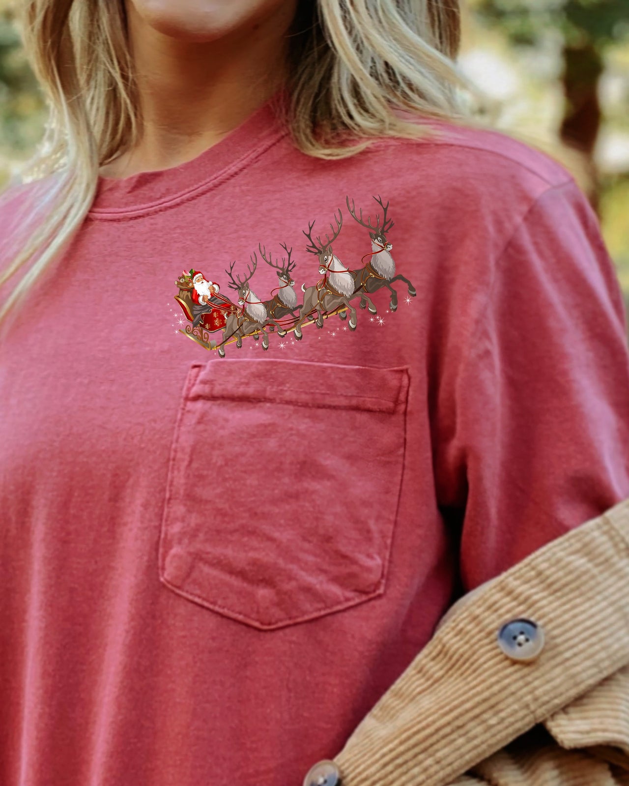 Santa Sleigh Reindeer Christmas Snow Winter Xmas Pocket Holiday Comfort Colors Tee