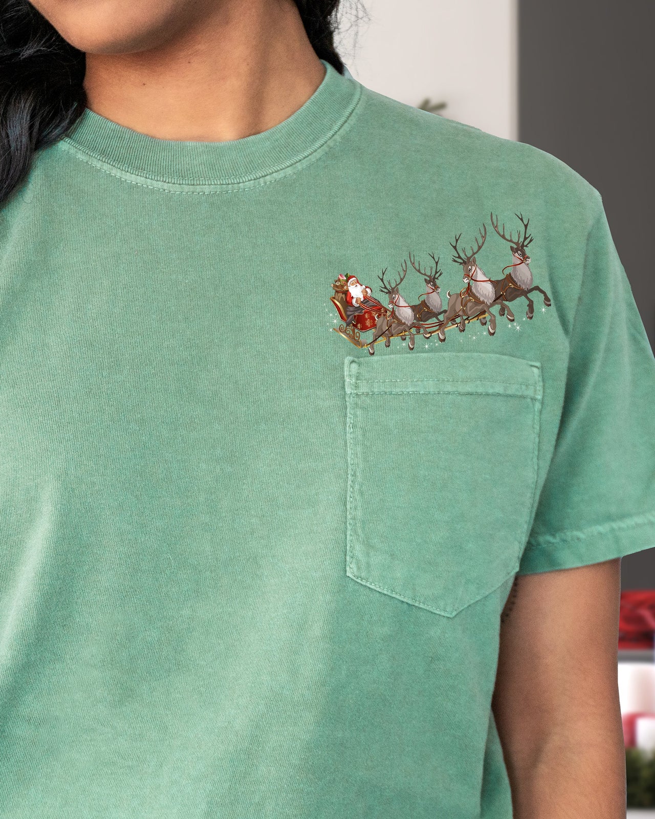 Santa Sleigh Reindeer Christmas Snow Winter Xmas Pocket Holiday Comfort Colors Tee