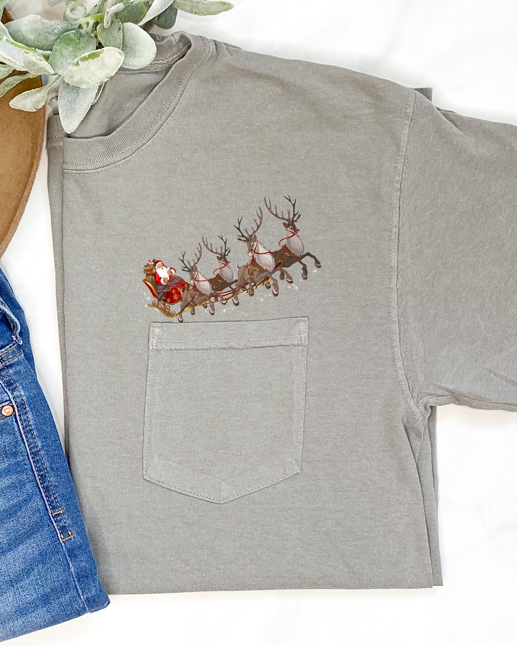 Santa Sleigh Reindeer Christmas Snow Winter Xmas Pocket Holiday Comfort Colors Tee