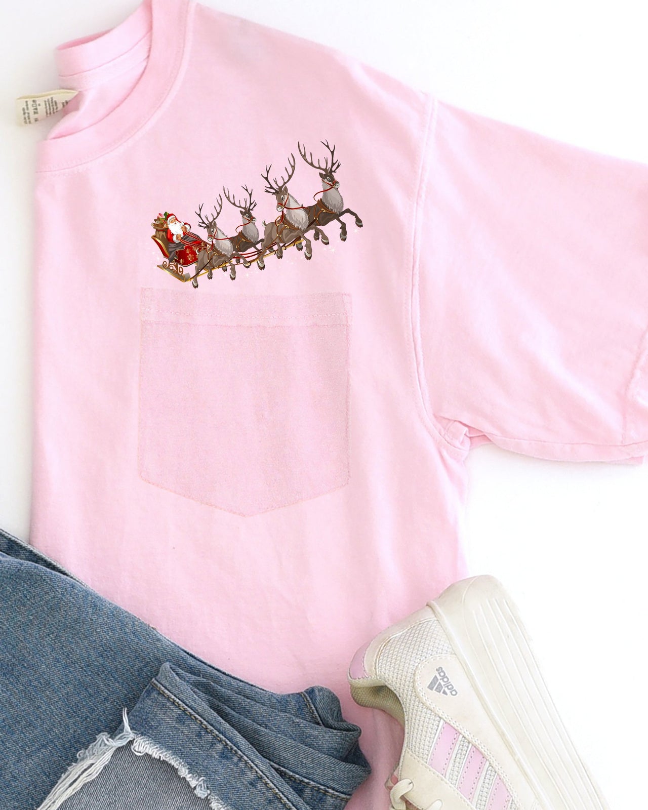 Santa Sleigh Reindeer Christmas Snow Winter Xmas Pocket Holiday Comfort Colors Tee