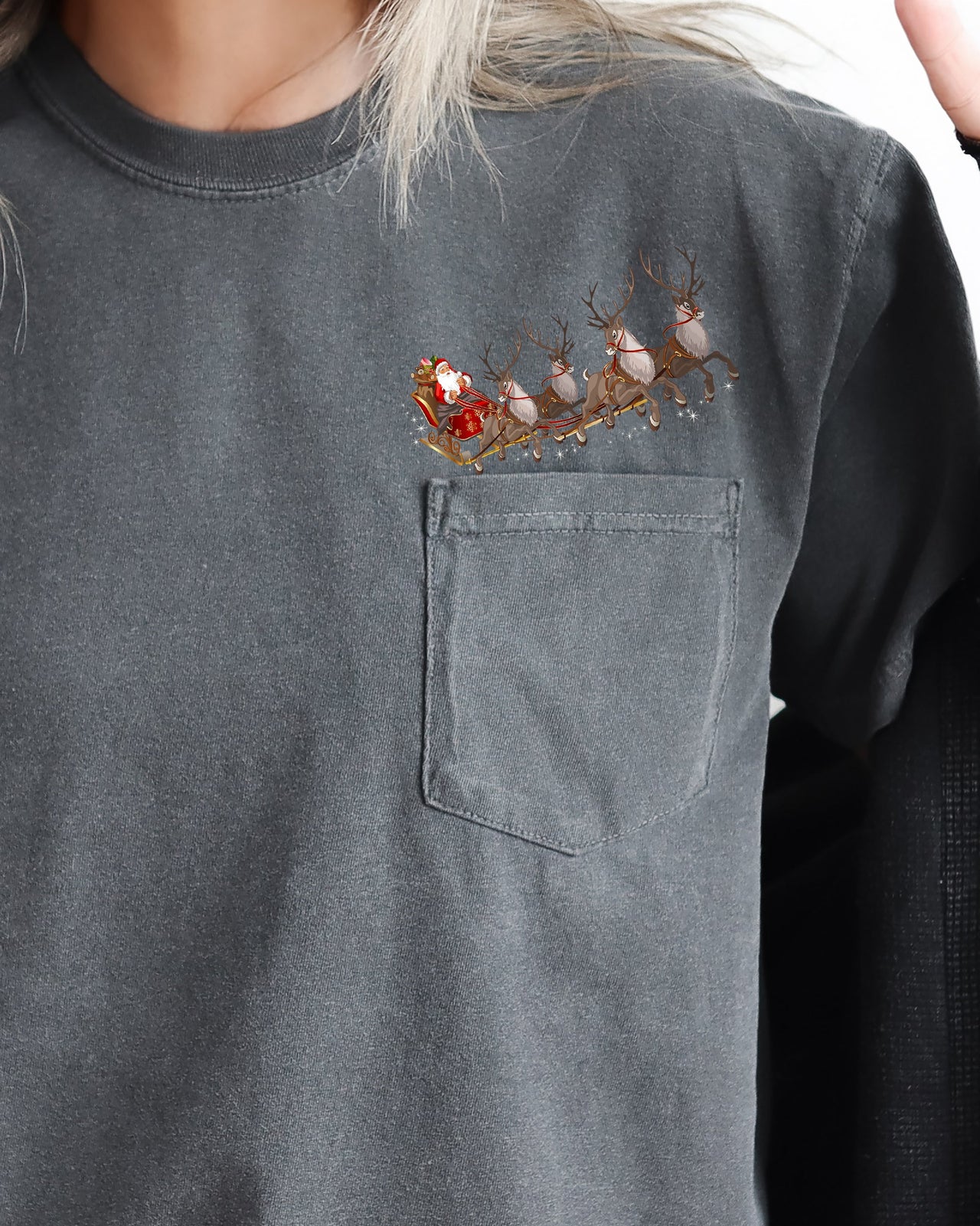 Santa Sleigh Reindeer Christmas Snow Winter Xmas Pocket Holiday Comfort Colors Tee