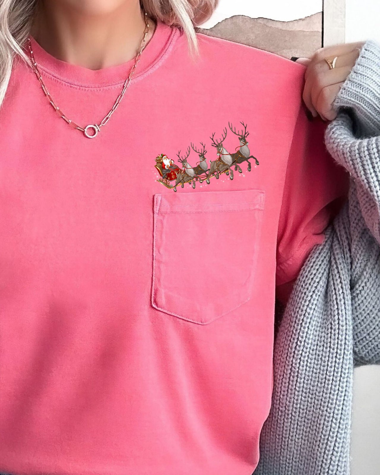 Santa Sleigh Reindeer Christmas Snow Winter Xmas Pocket Holiday Comfort Colors Tee