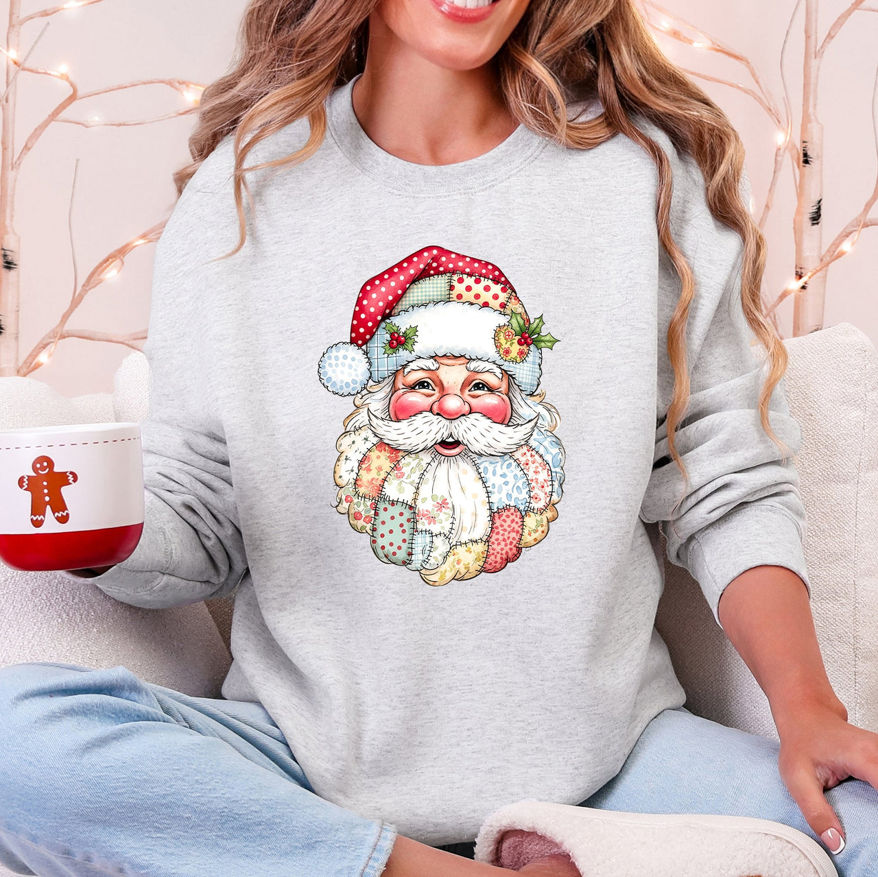 Christmas Geese Retro Santa Faux Quilt Cozy Plush Fleece Lined Holiday Sweatshirt