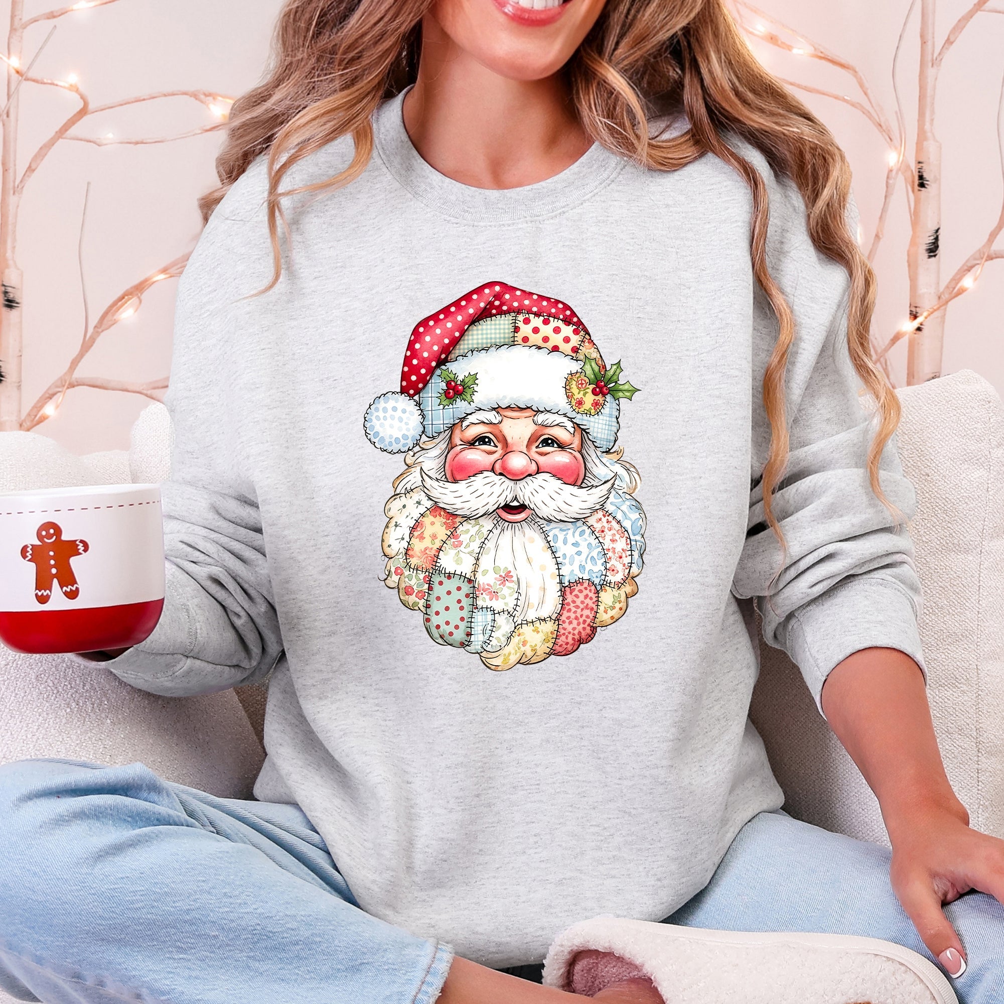 Christmas Geese Retro Santa Faux Quilt Cozy Plush Fleece Lined Holiday Sweatshirt