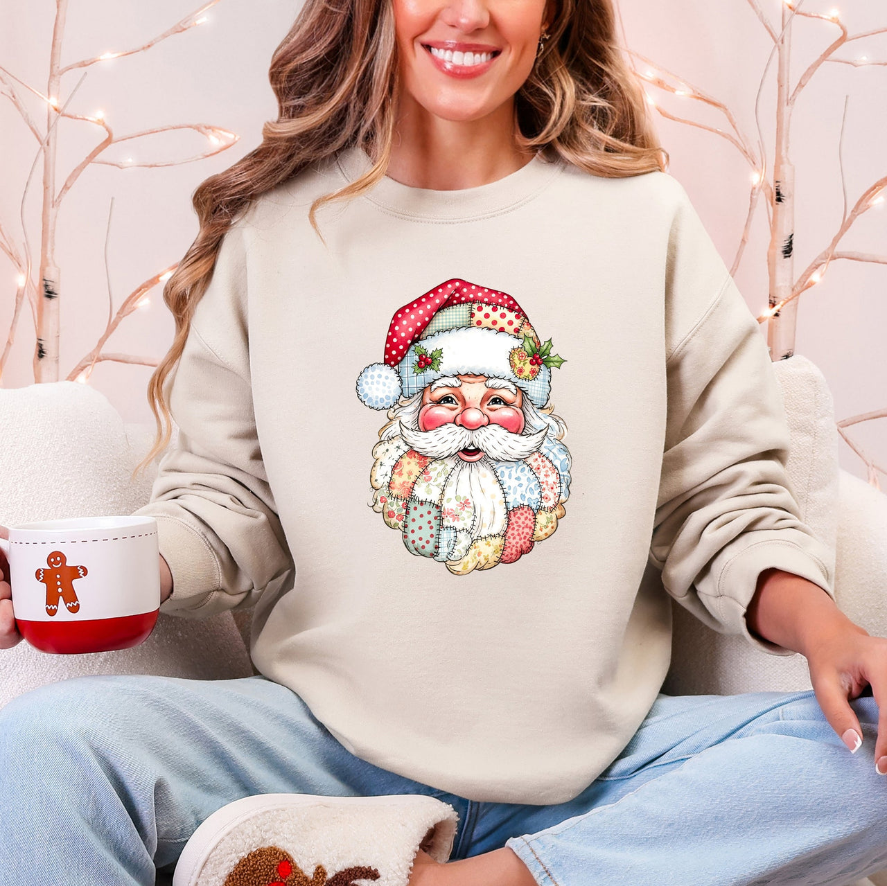 Christmas Geese Retro Santa Faux Quilt Cozy Plush Fleece Lined Holiday Sweatshirt