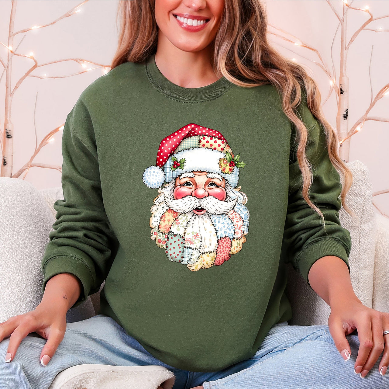 Christmas Geese Retro Santa Faux Quilt Cozy Plush Fleece Lined Holiday Sweatshirt
