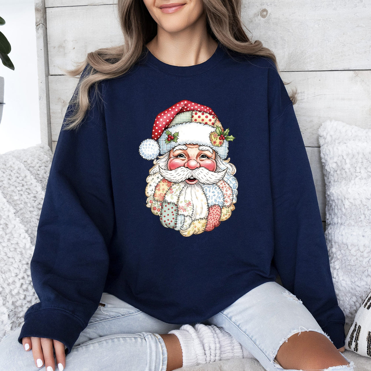 Christmas Geese Retro Santa Faux Quilt Cozy Plush Fleece Lined Holiday Sweatshirt