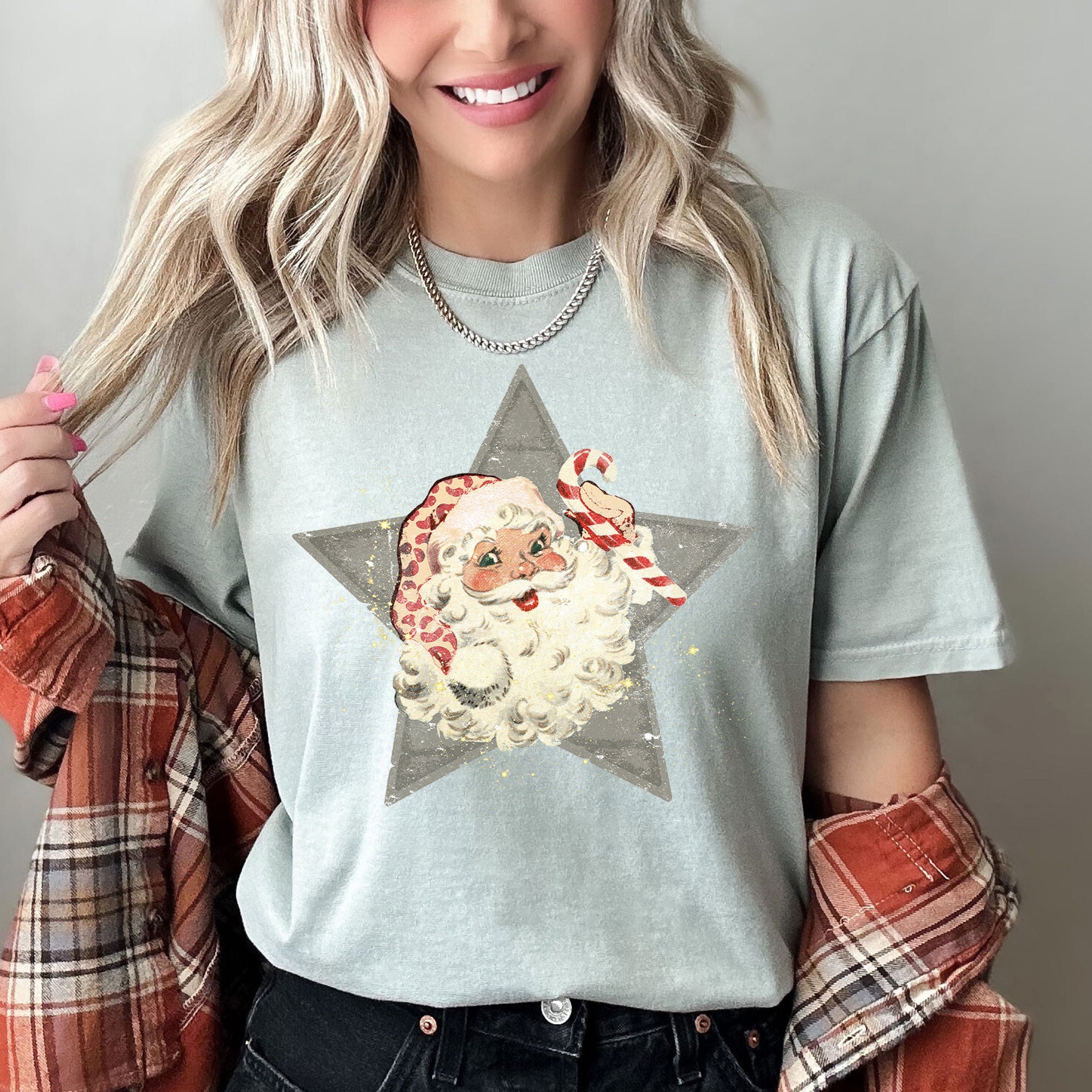 Santa Retro Green Star Candy Cane Christmas Holiday Classic Edition Comfort Colors Tee