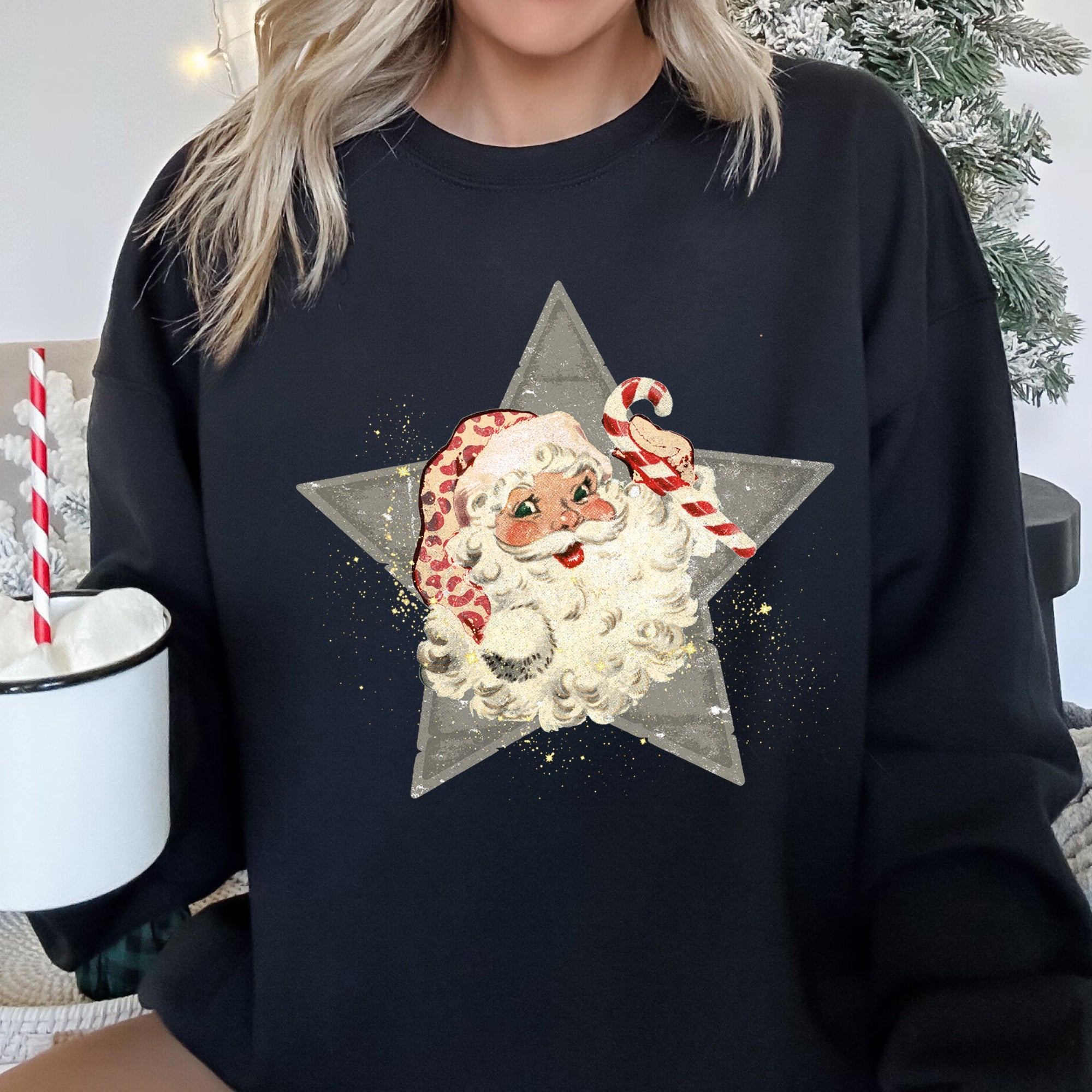 Santa Retro Grey Star Cozy Holiday Festive Scene Vintage Christmas Theme Sweatshirt