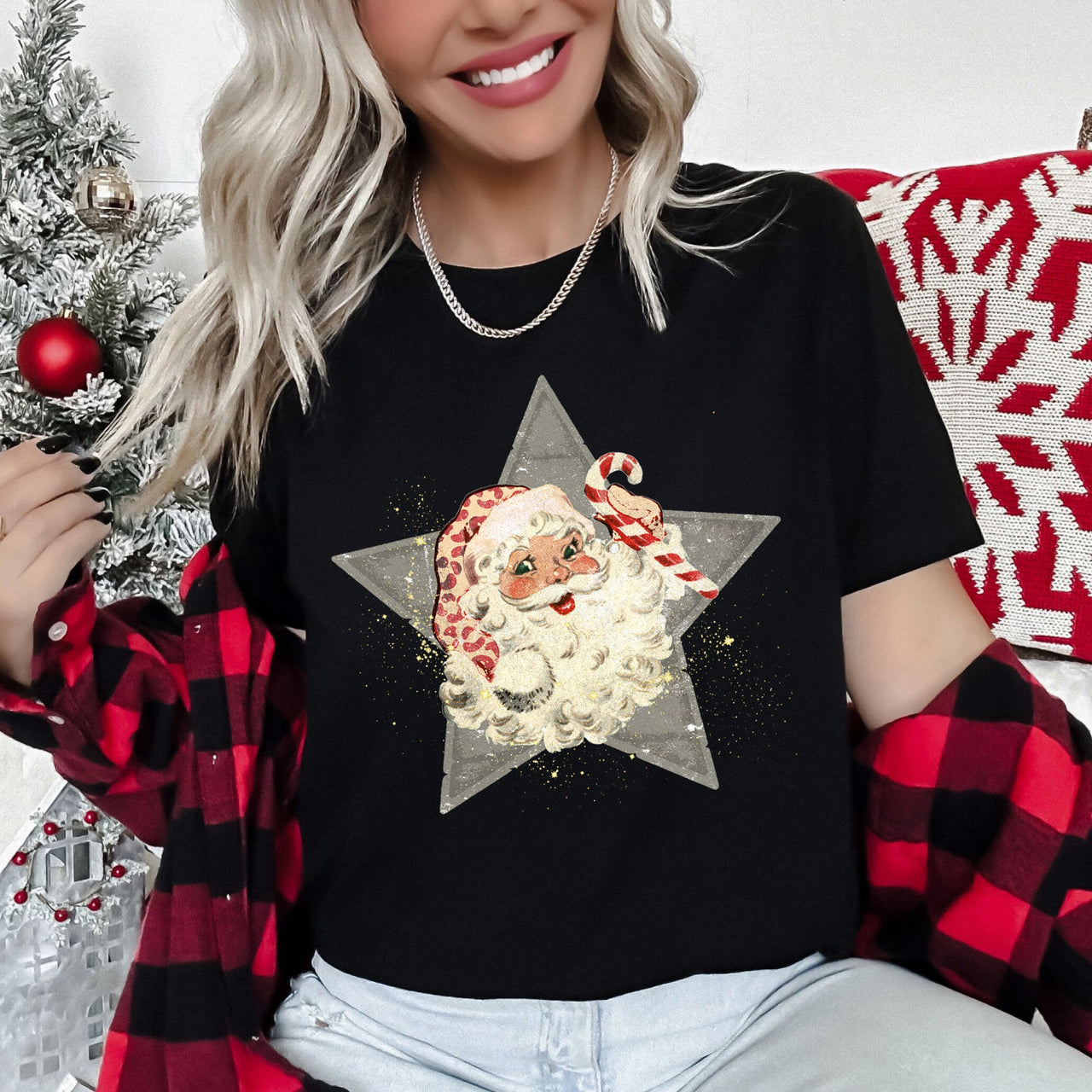 Santa Retro Green Star Candy Cane Christmas Festive Vintage Holiday Limited Edition Graphic Tee