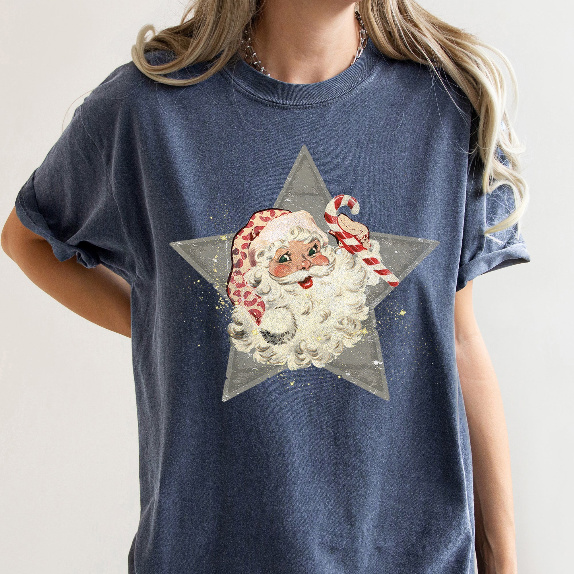 Santa Retro Green Star Candy Cane Christmas Holiday Classic Edition Comfort Colors Tee
