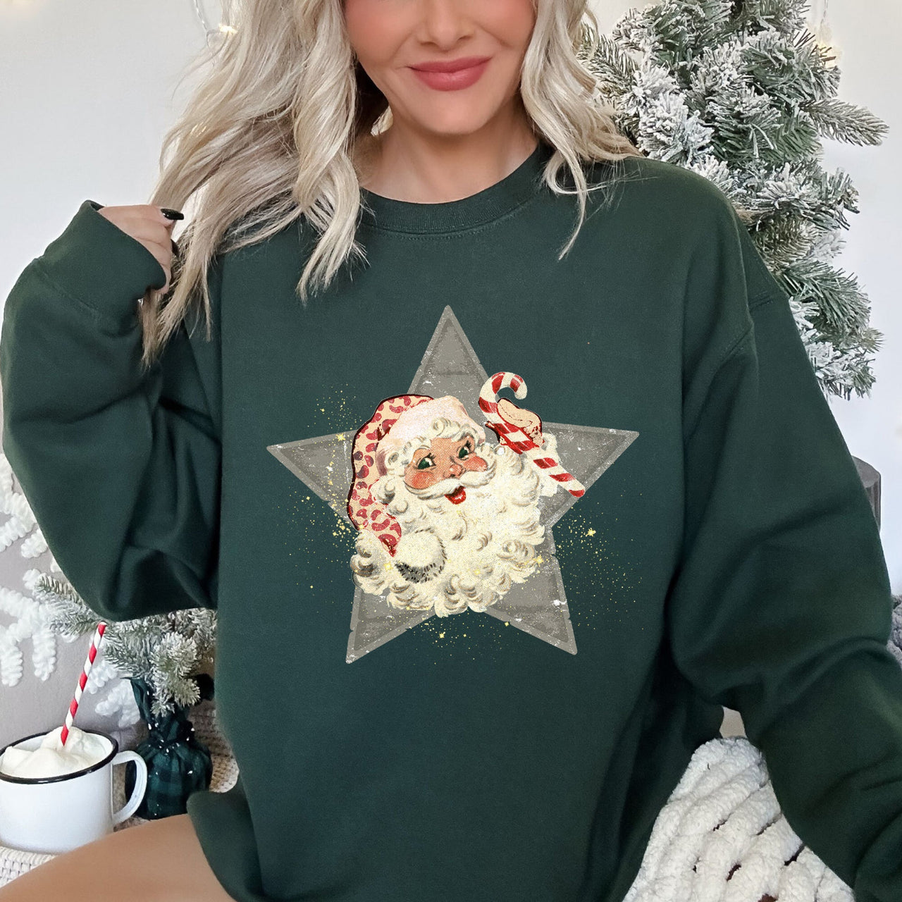 Santa Retro Grey Star Cozy Holiday Festive Scene Vintage Christmas Theme Sweatshirt