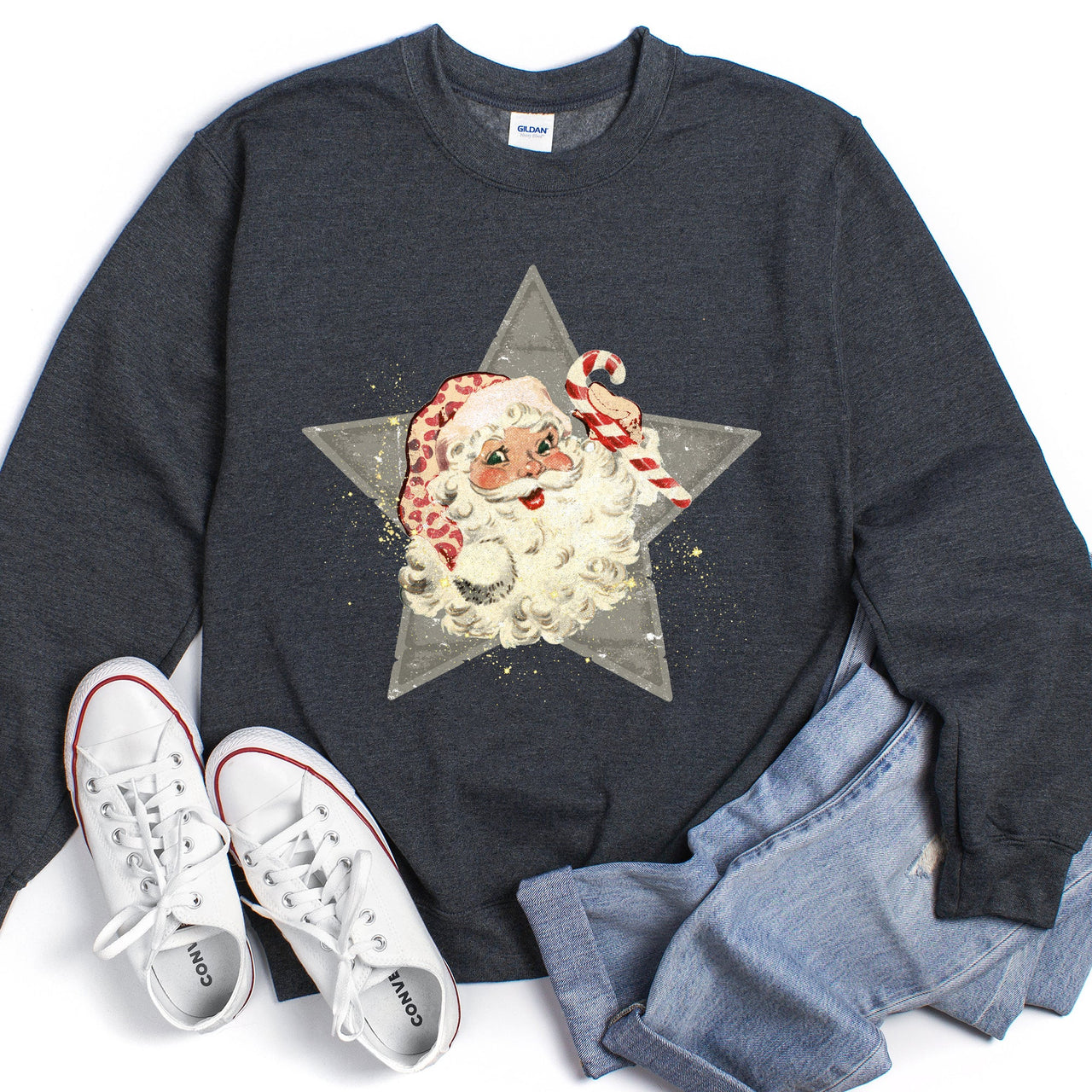 Santa Retro Grey Star Cozy Holiday Festive Scene Vintage Christmas Theme Sweatshirt