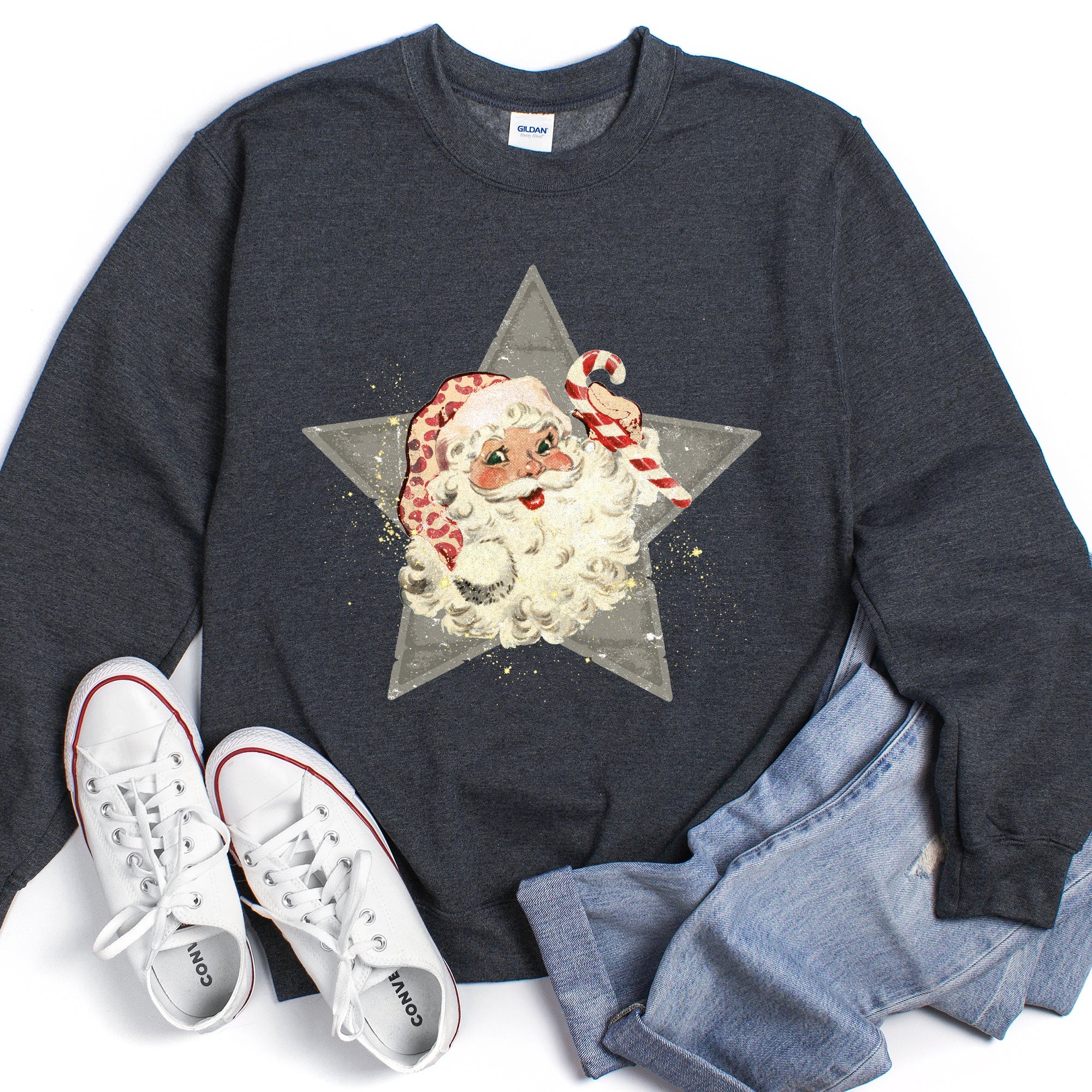 Santa Retro Grey Star Cozy Holiday Festive Scene Vintage Christmas Theme Sweatshirt