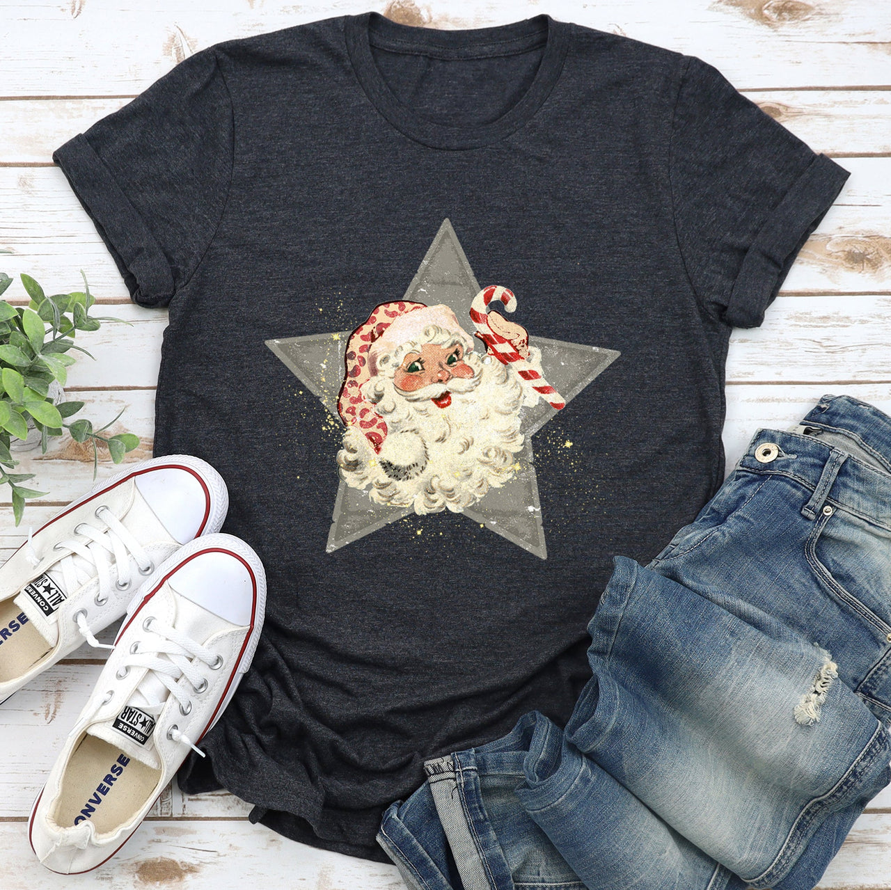 Santa Retro Green Star Candy Cane Christmas Festive Vintage Holiday Limited Edition Graphic Tee