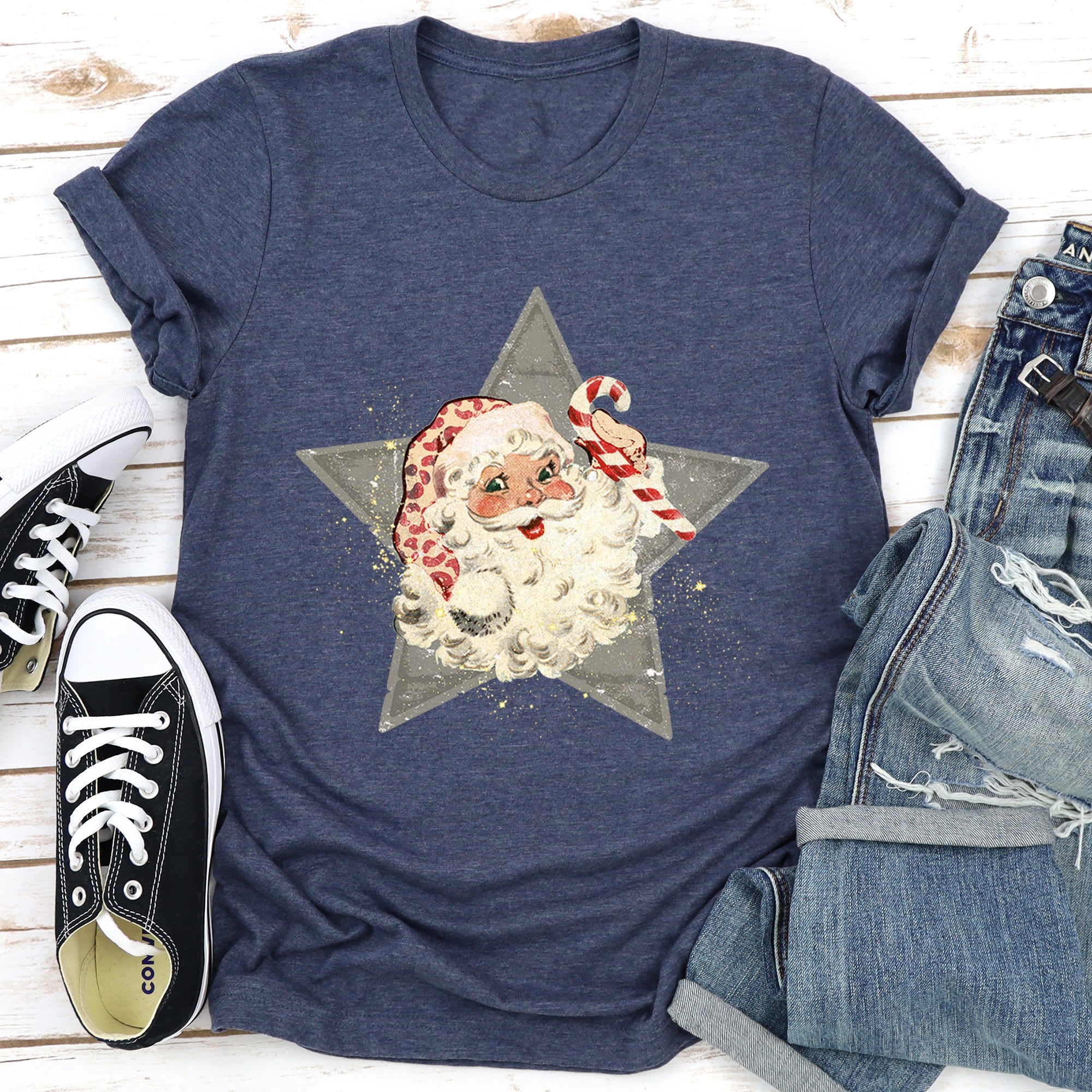 Santa Retro Green Star Candy Cane Christmas Festive Vintage Holiday Limited Edition Graphic Tee