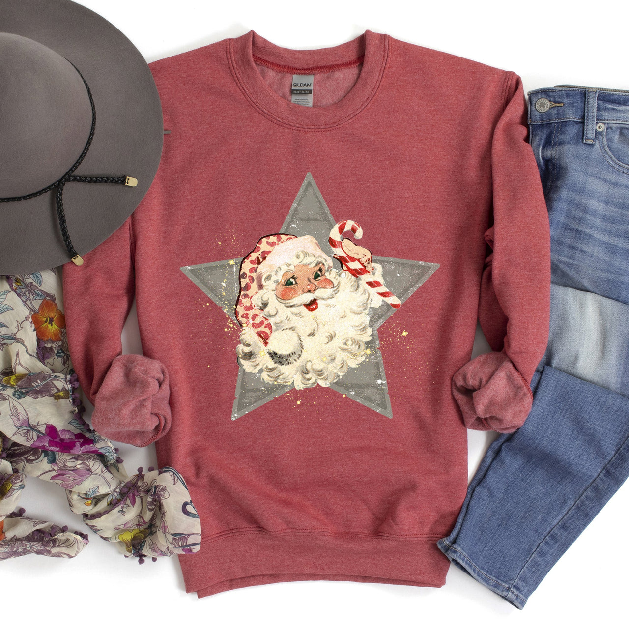 Santa Retro Grey Star Cozy Holiday Festive Scene Vintage Christmas Theme Sweatshirt