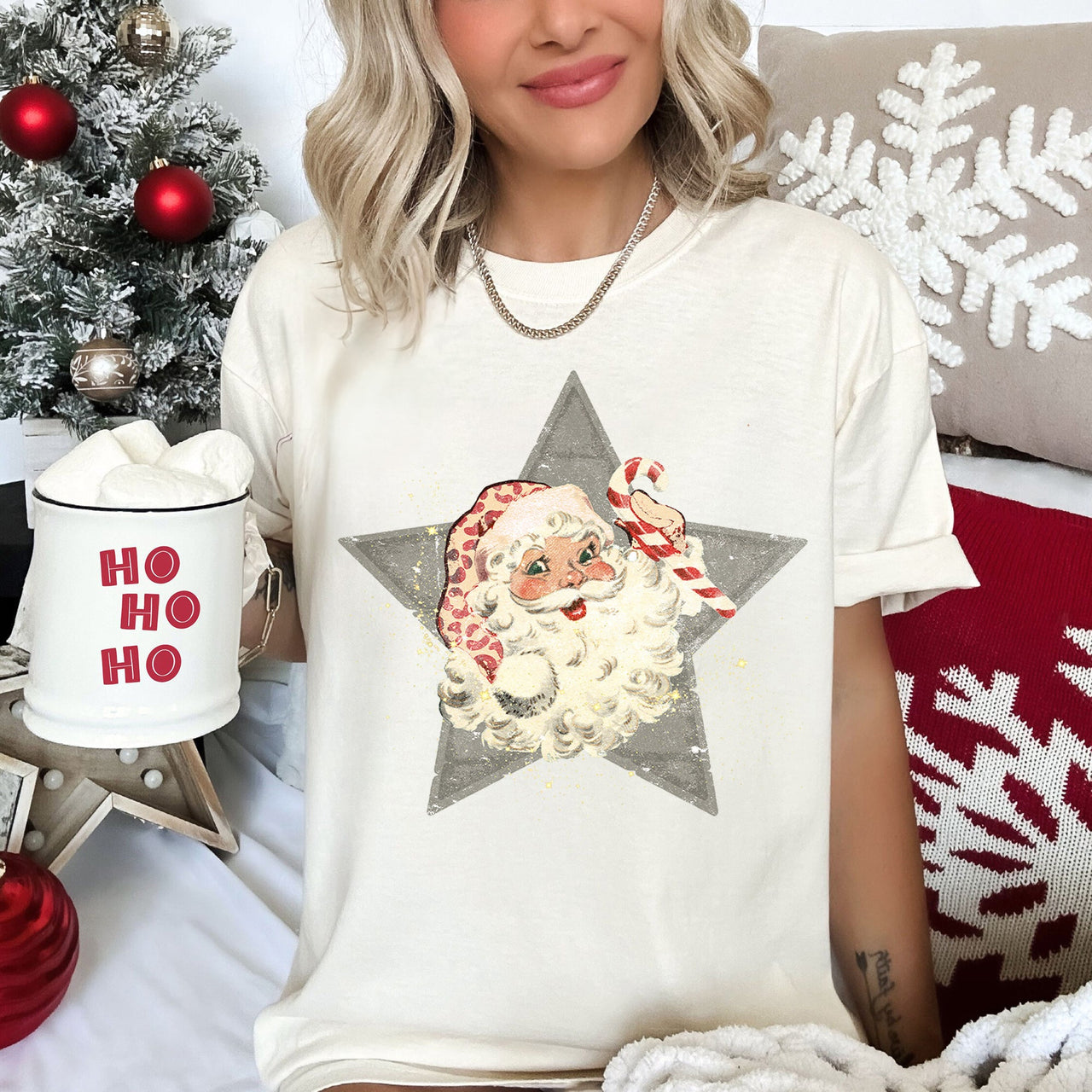Santa Retro Green Star Candy Cane Christmas Holiday Classic Edition Comfort Colors Tee