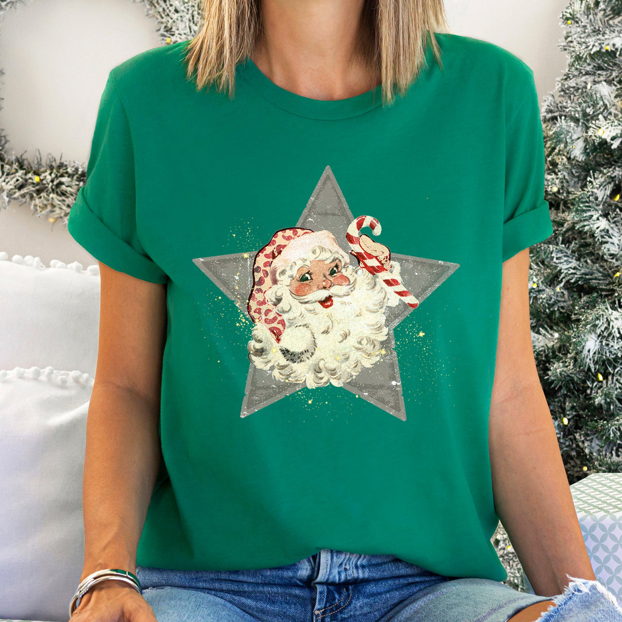 Santa Retro Green Star Candy Cane Christmas Festive Vintage Holiday Limited Edition Graphic Tee